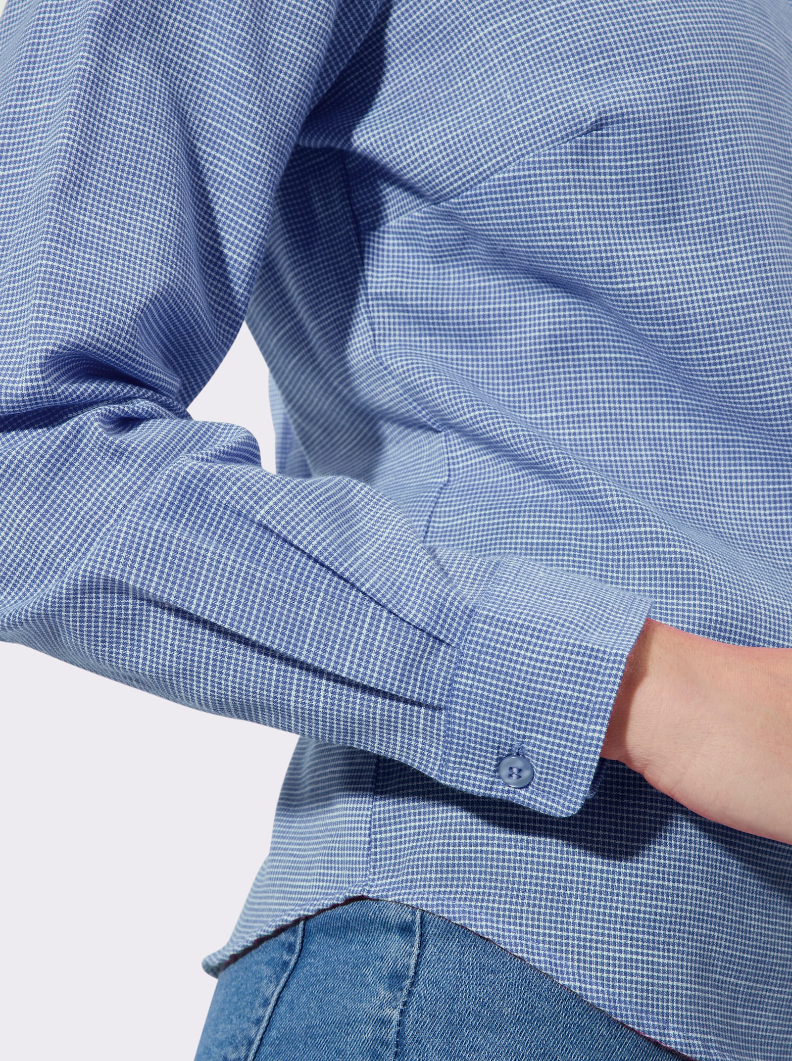 Langarmbluse mit Karo-Muster - mittelblau-ecru-kariert