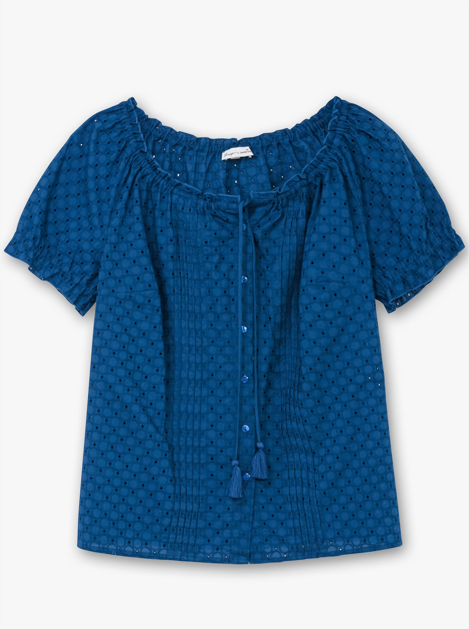 sheego by Joe Browns Blouse met korte mouwen, ajourwerk en carmenhals - bosbes