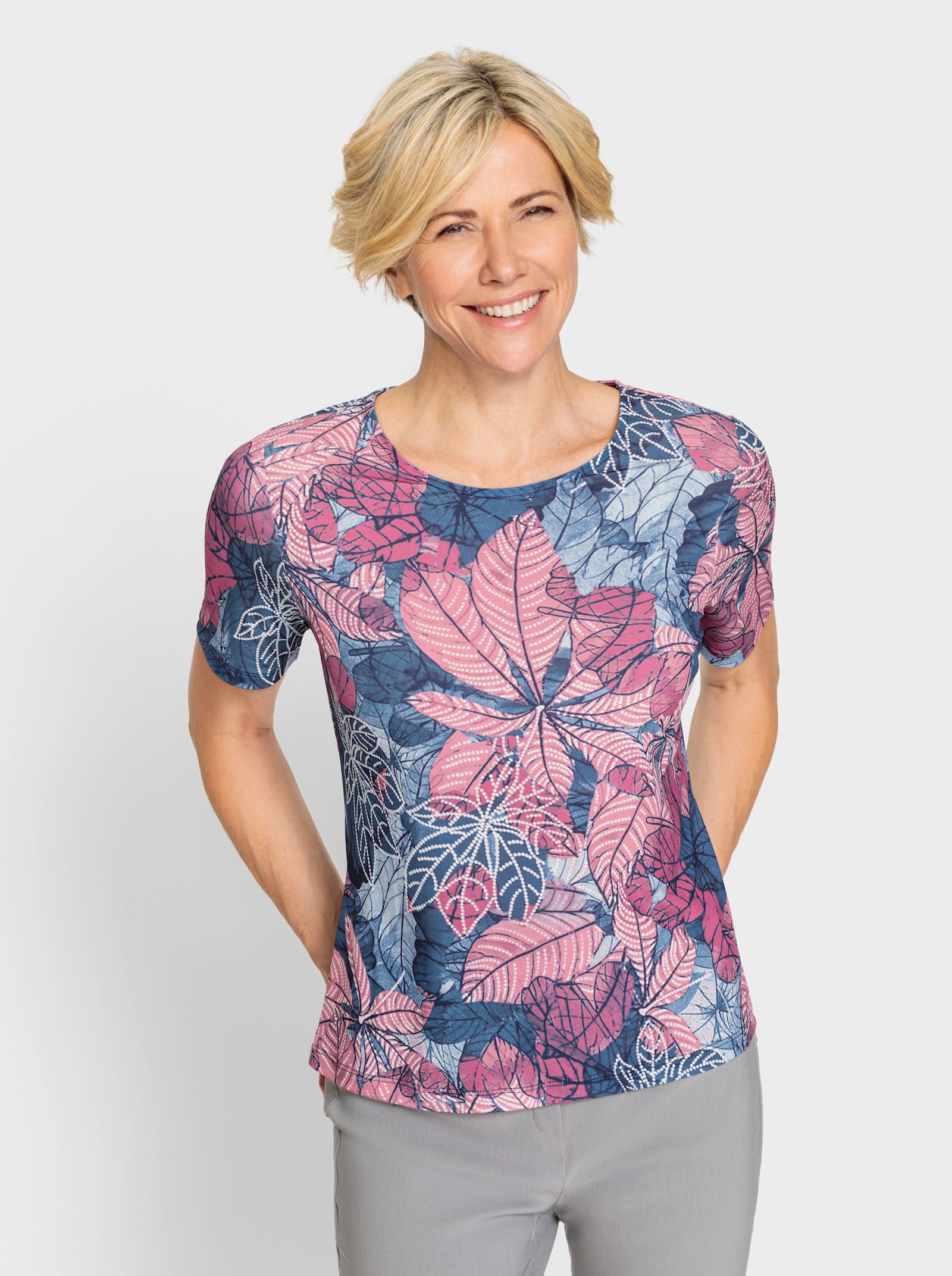 Rundhalsshirt mit Blätterdruck - jeansblau-altrosa-bedruckt
