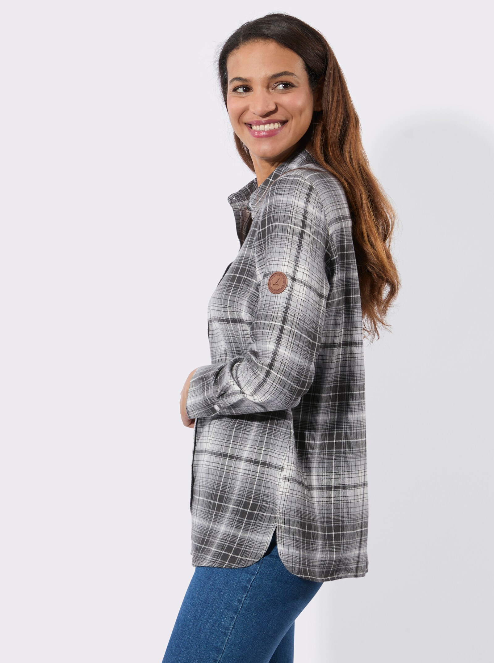 Flanellbluse mit Seitenschlitzen - graphit-steingrau-kariert
