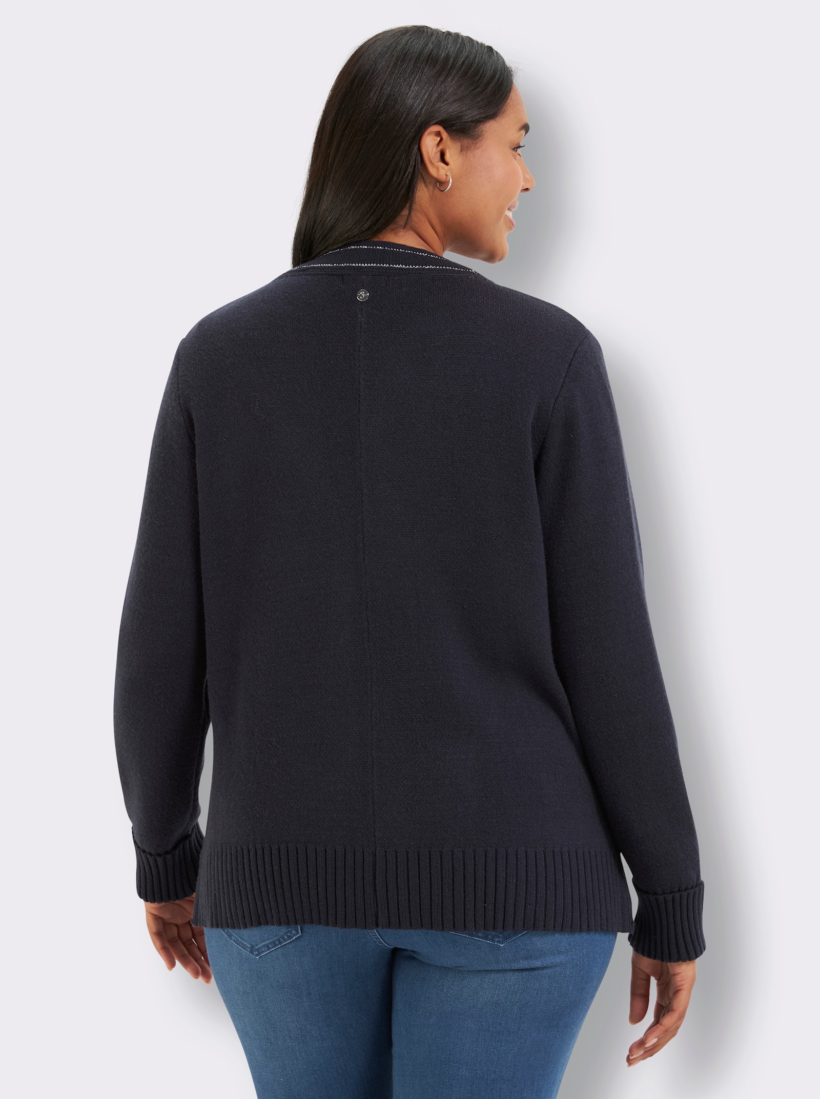 sheego Jacquardstrickjacke mit Lurexfaden - tiefblau-kirsche-gemustert