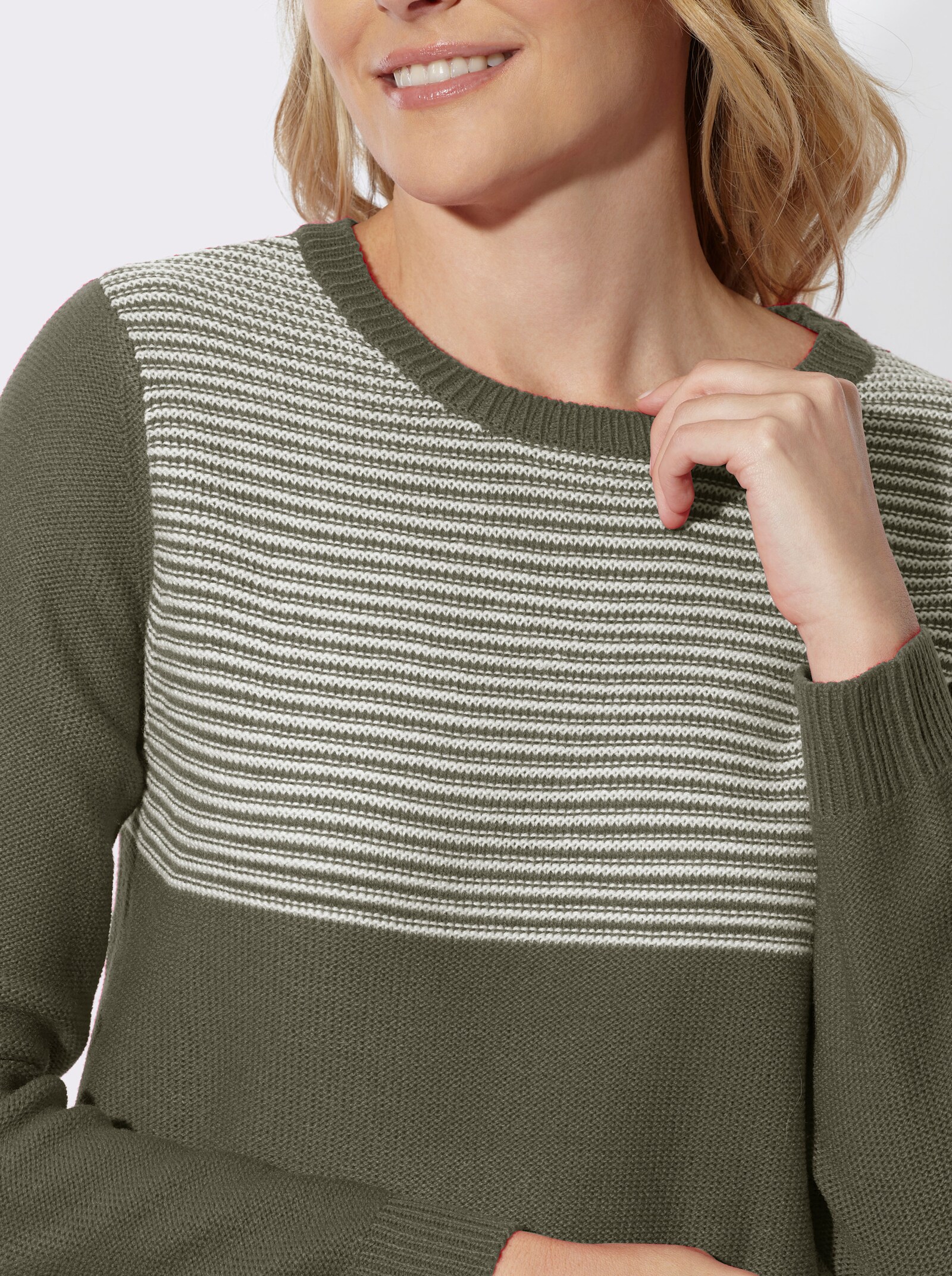 Langarm-Pullover mit Ringelmuster - khaki-ecru