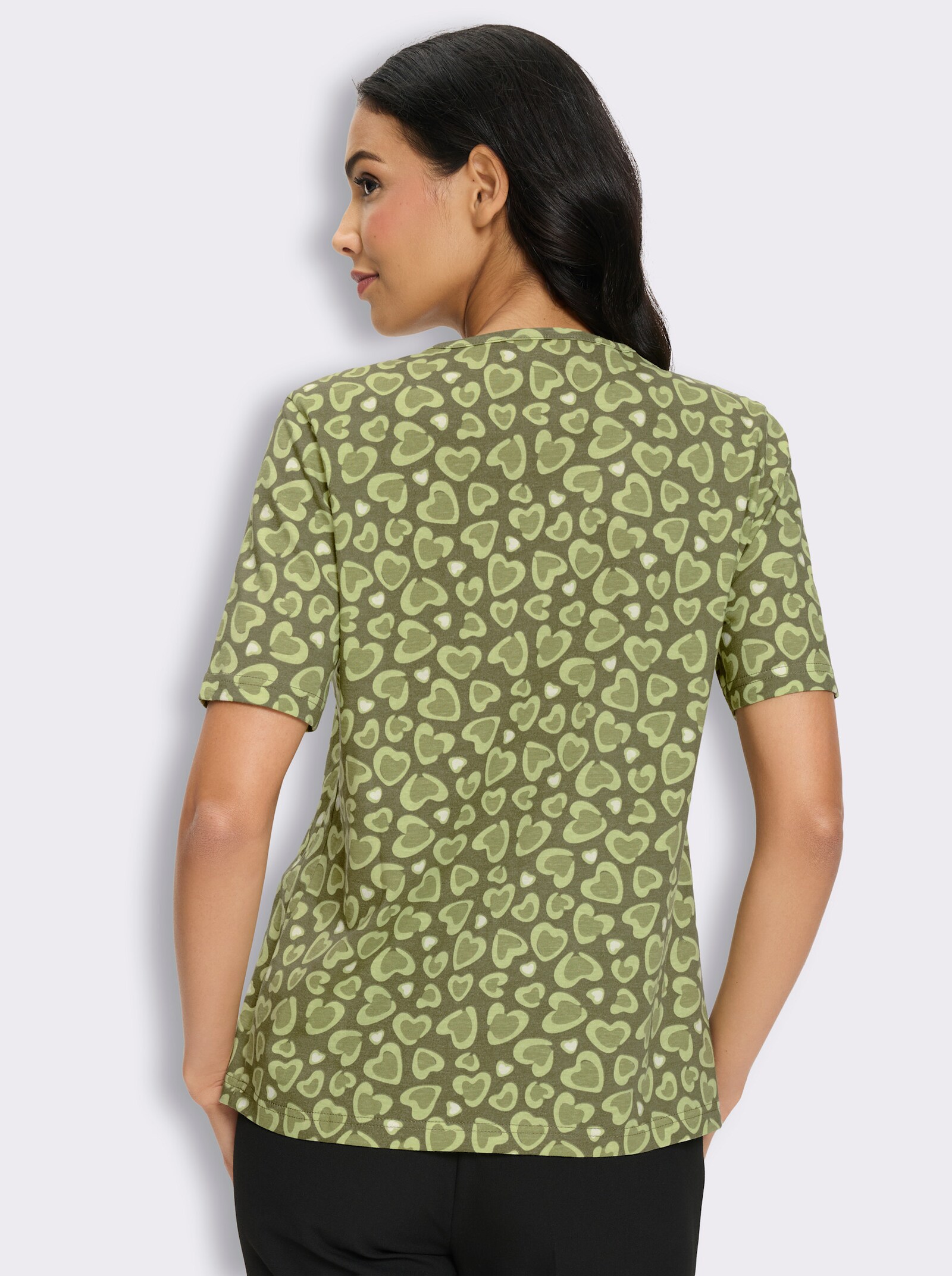 Rundhalsshirt mit Falten am Ausschnitt - khaki-pistazie-bedruckt