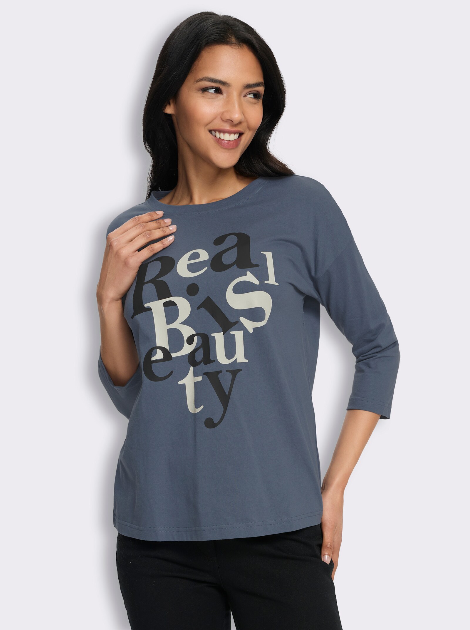 3/4-Arm-Shirt mit Schriftzug im Vorderteil - rauchblau-schwarz