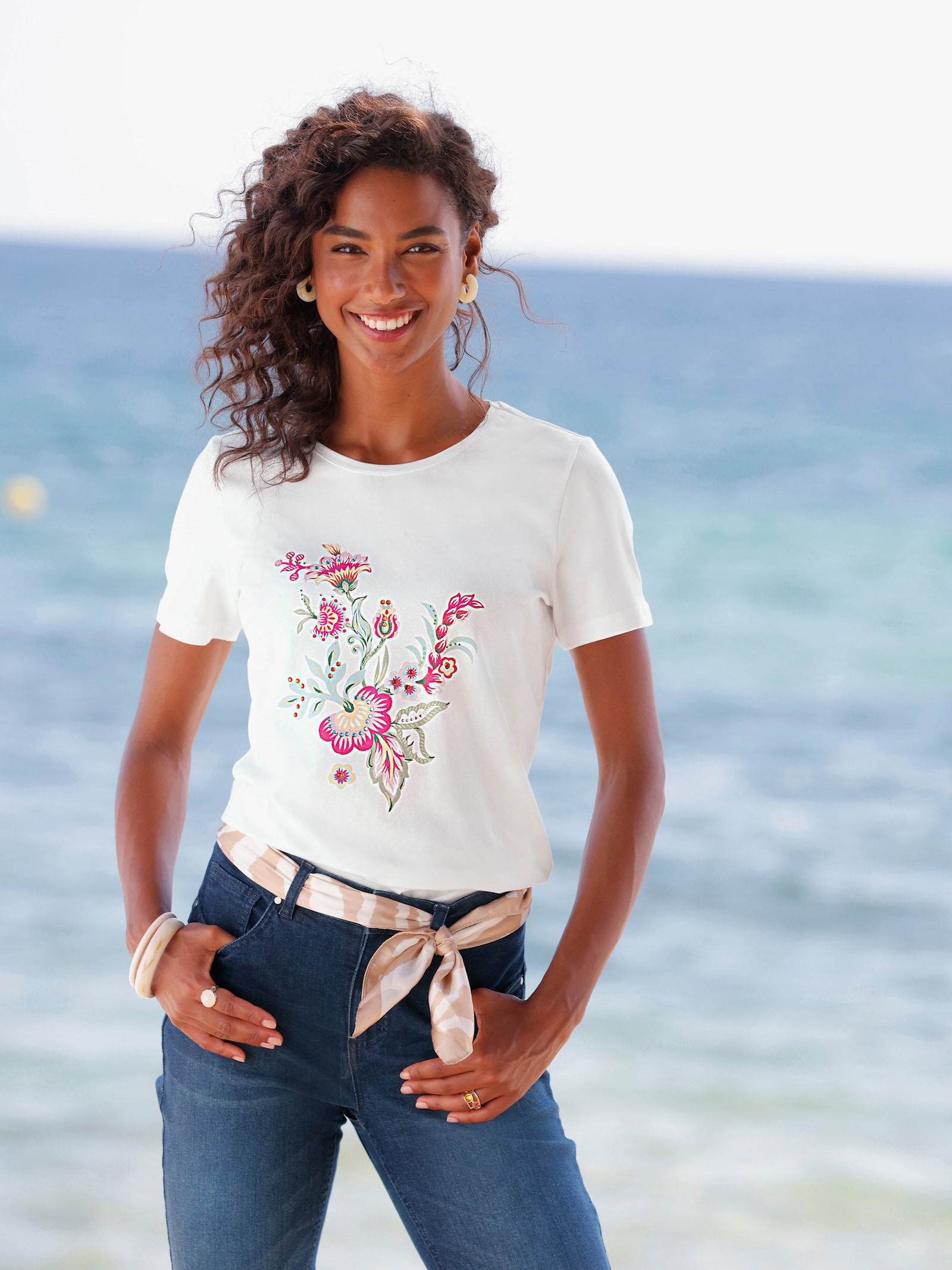 heine Kurzarmshirt mit Glitzersteinchen - ecru
