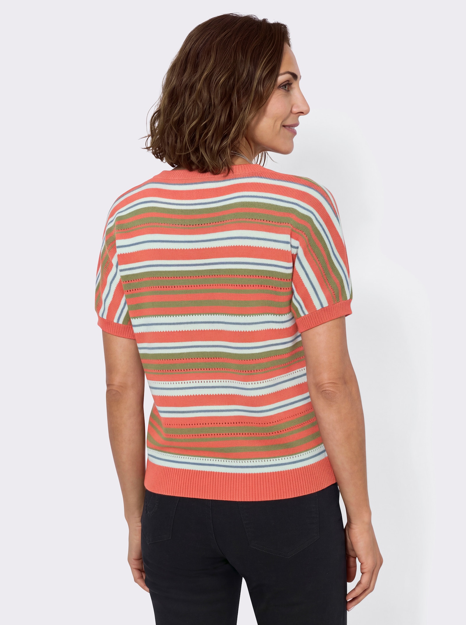 Baumwollpullover mit Fledermaus-Ärmeln - papaya-eucalyptus-geringelt