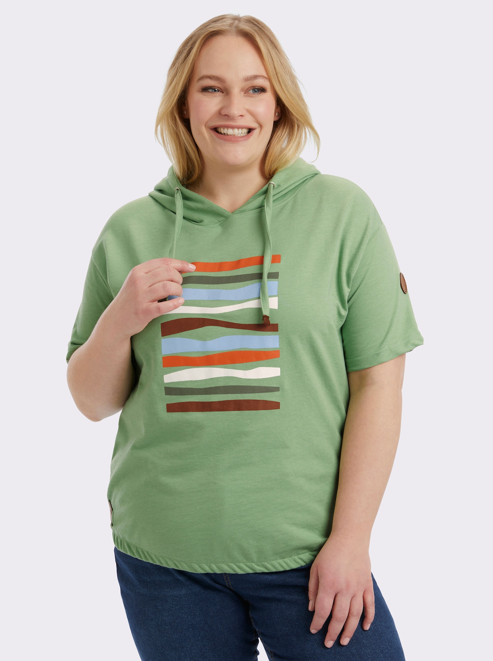 Kapuzensweatshirt mit elastischem Saum - eucalyptus-ecru-bedruckt