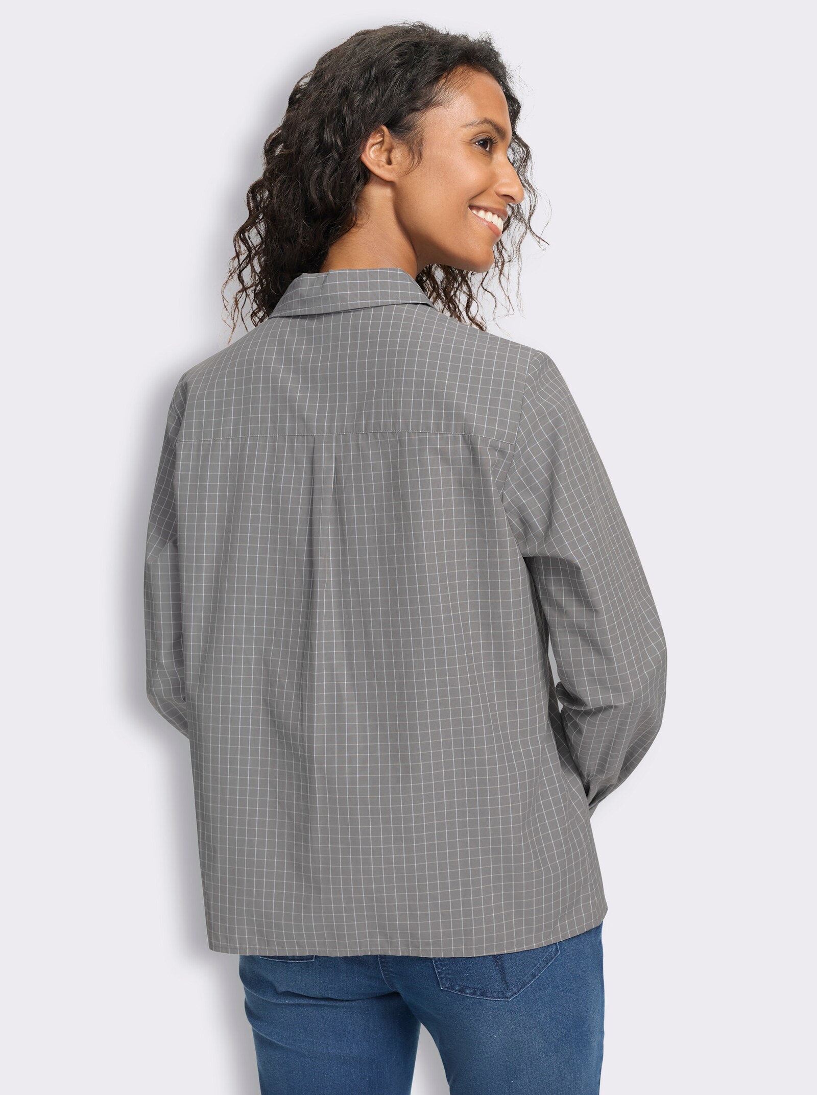 heine Karobluse mit V-Ausschnitt - grau-ecru-kariert