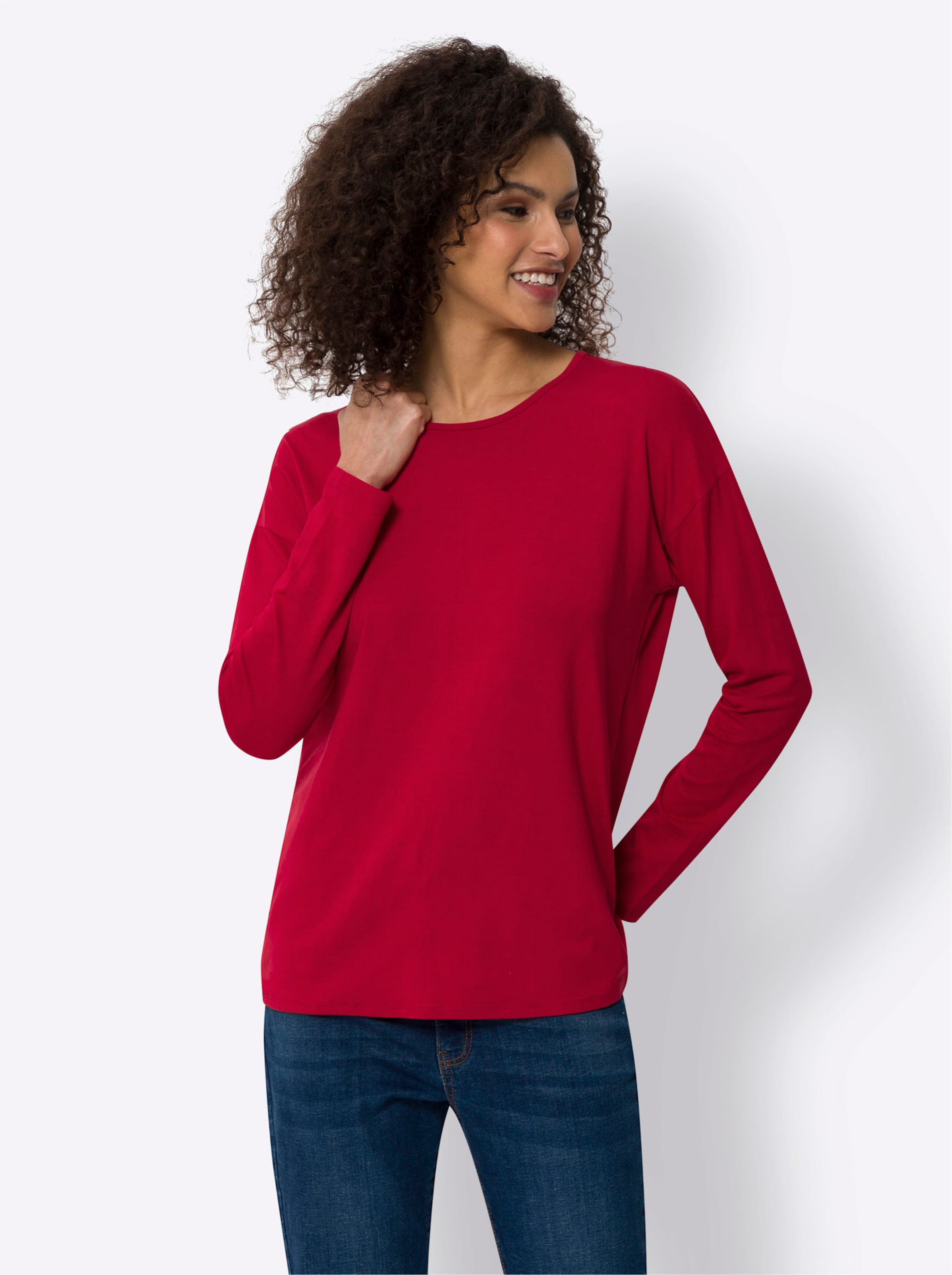 gerade günstig Kaufen-Shirt in rot von heine. Shirt in rot von heine <![CDATA[Shirt Aus fein fließender, anschmiegsamer Viskose. Gerade Form mit Rundhals-Ausschnitt, Langarm und überschnittener Schulter.]]>. 