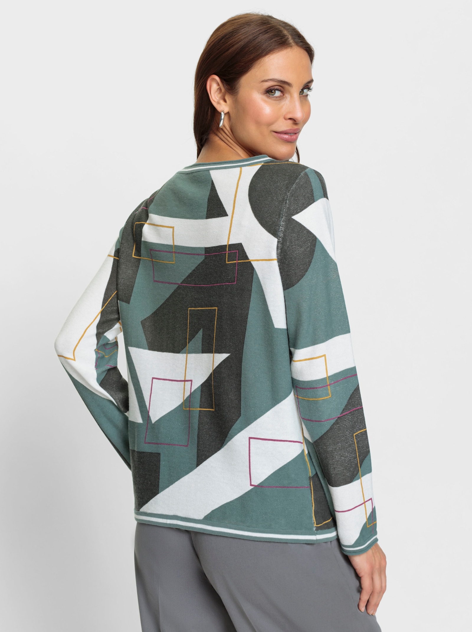 Pullover mit Bindeband am Saum - ecru-graphit-gemustert