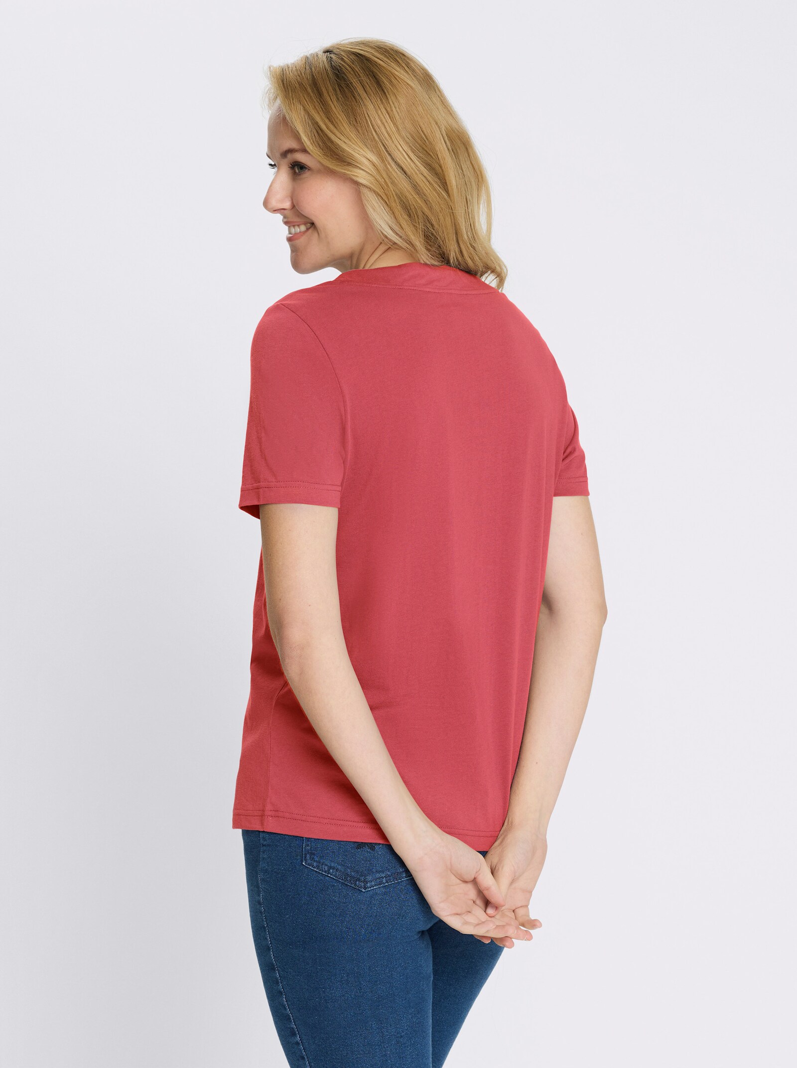 Kurzarmshirt mit Tunnelzug am Ausschnitt - grapefruit