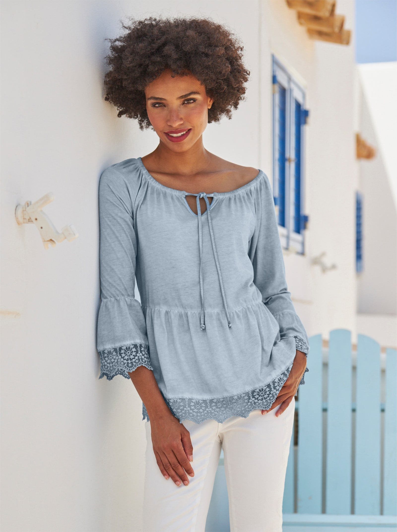 heine T-shirt à basque à l'encolure ajustable, pur coton - bleu