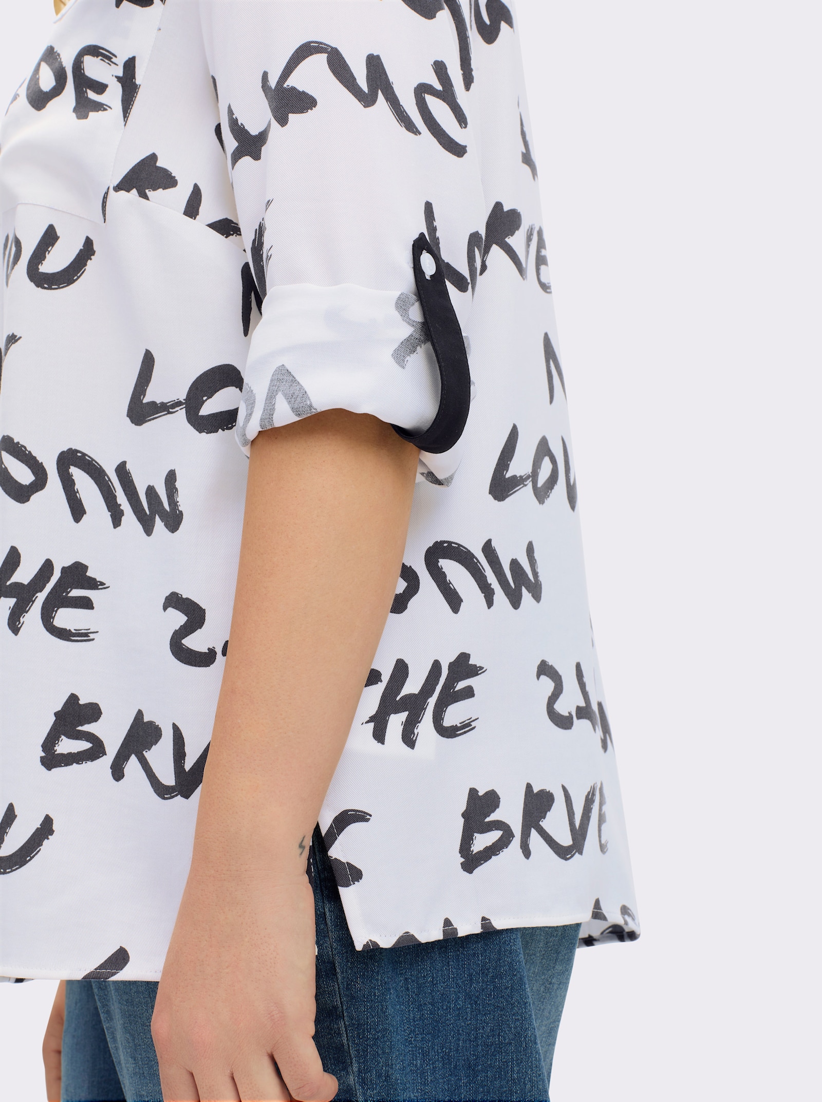 Hemdbluse mit 3/4-Ärmeln, reines Lyocell - weiß-schwarz-bedruckt