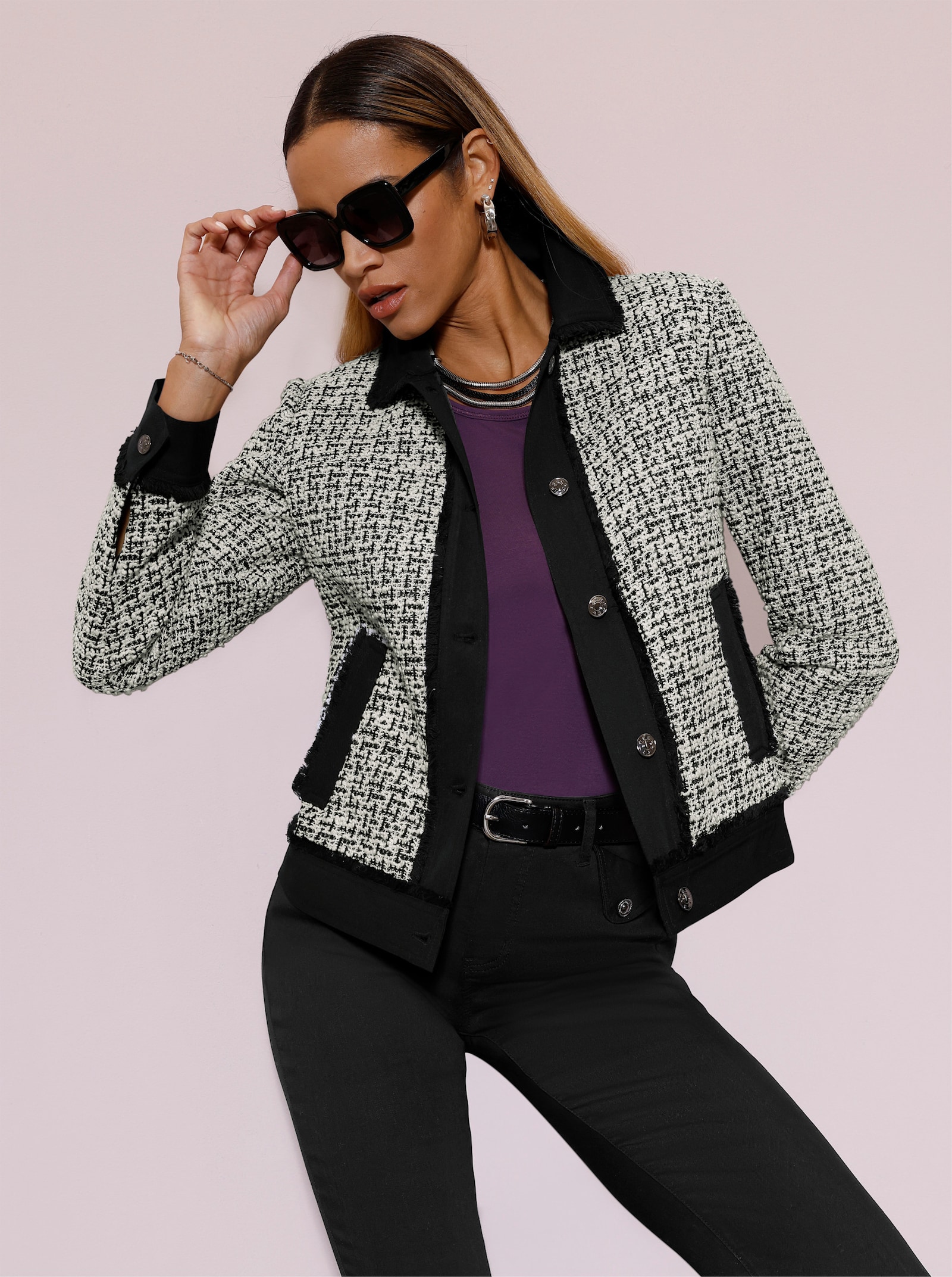 Blazer mit modischen Fransen - schwarz-ecru-gemustert