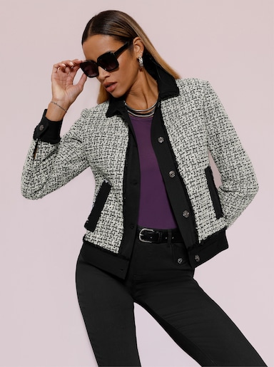 Blazer mit modischen Fransen - schwarz-ecru-gemustert