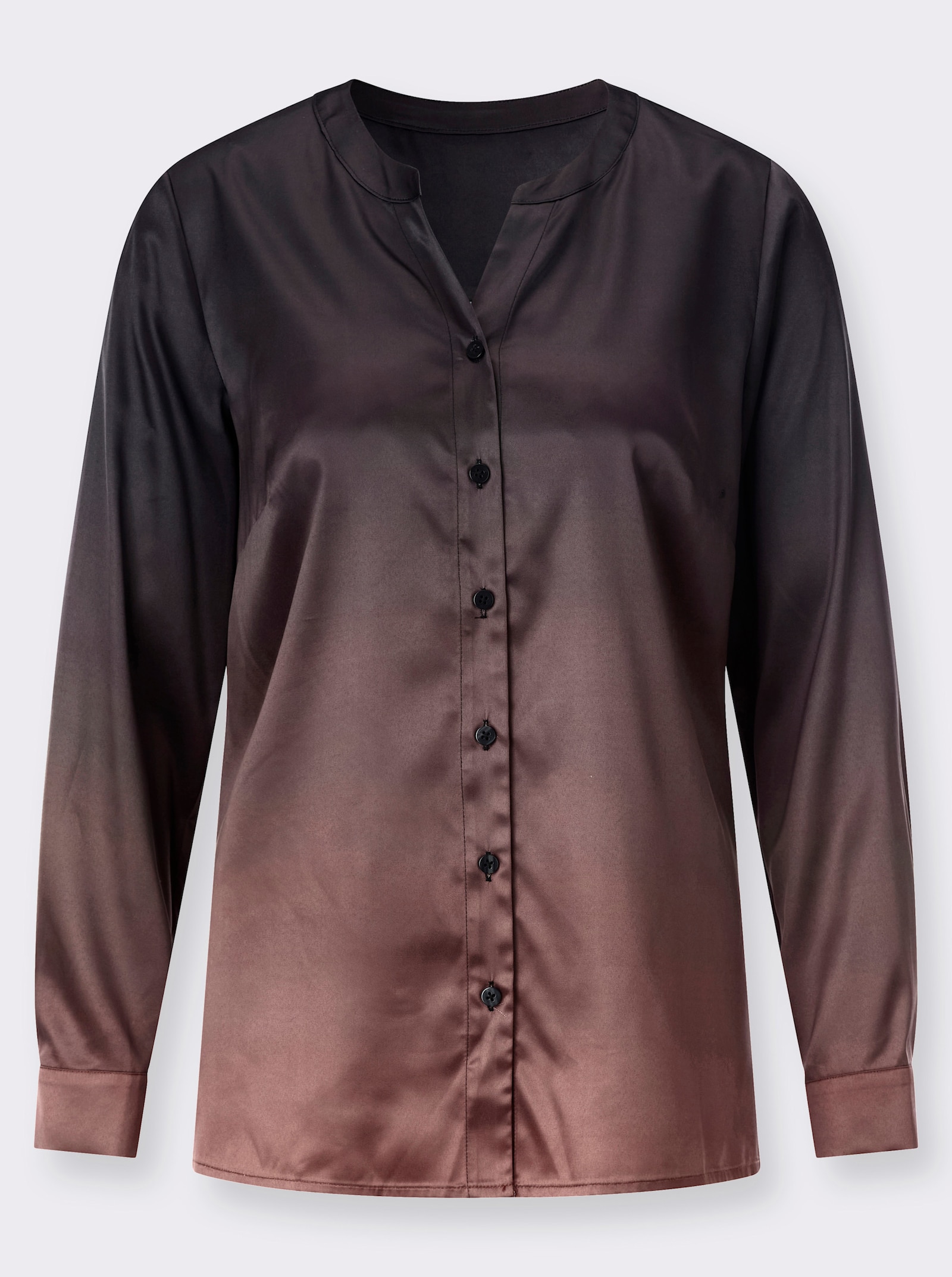 Langarmbluse aus matt-schimmernden Satin - schwarz-rotbraun-bedruckt