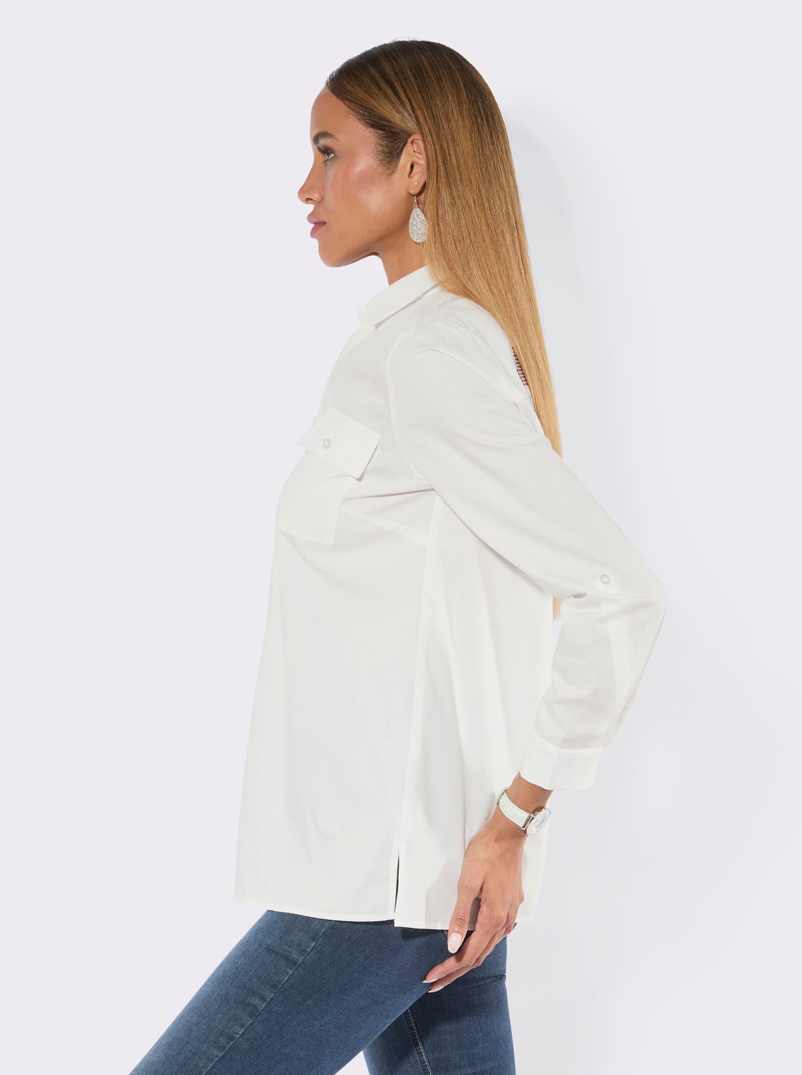 Hemdbluse mit glänzender Stickerei - ecru