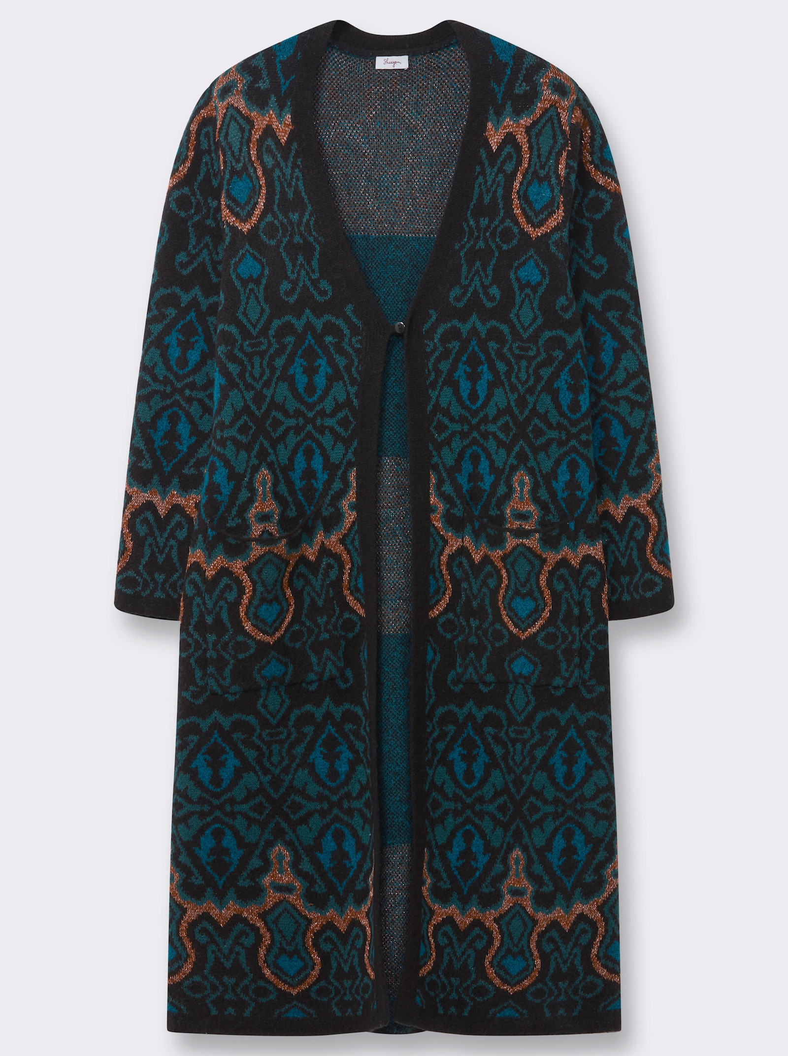 sheego Strickmantel mit Jacquard-Muster - petrol-jade-gemustert