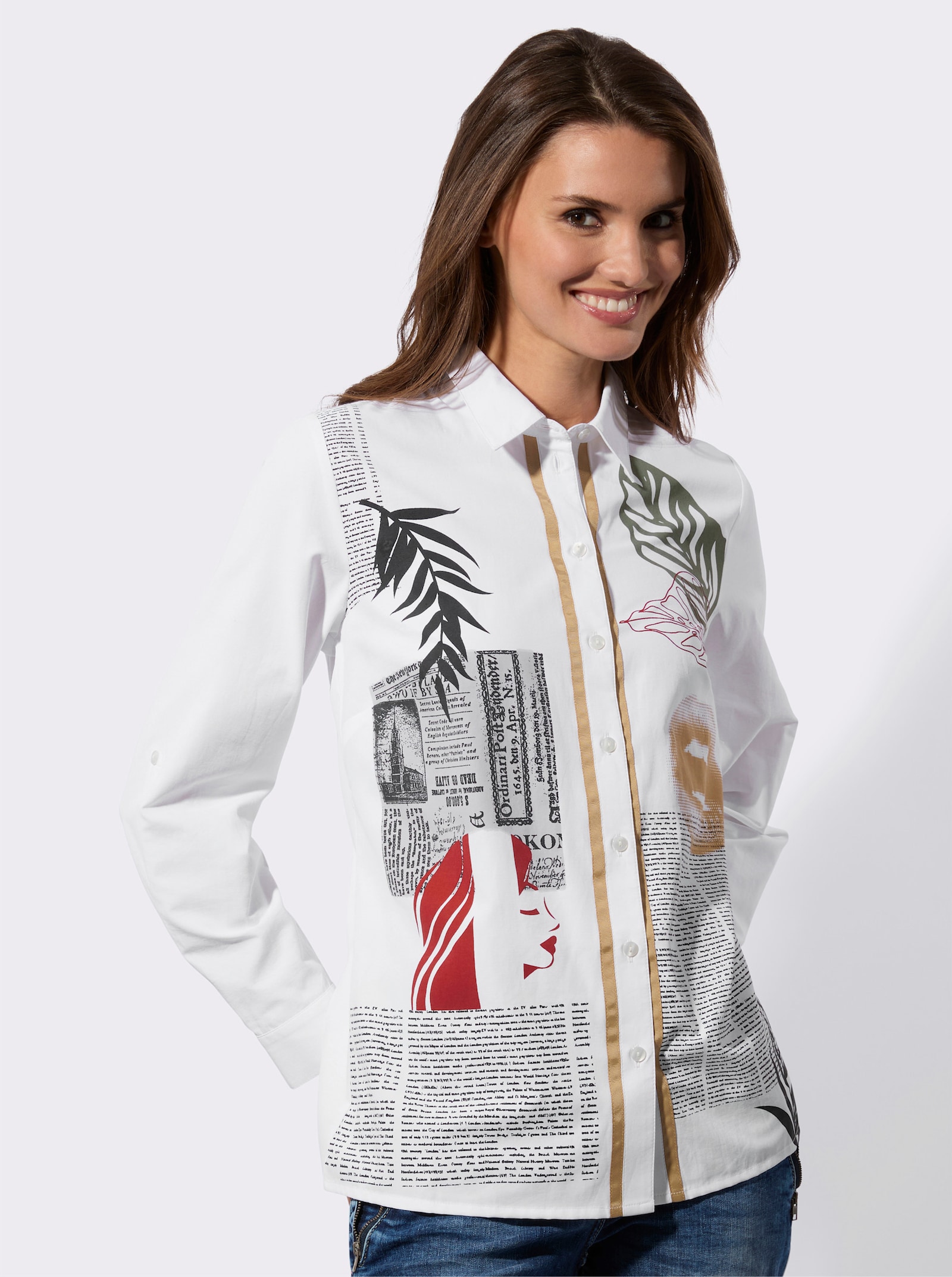 Hemdbluse mit Druck-Mustermix - weiß-bedruckt