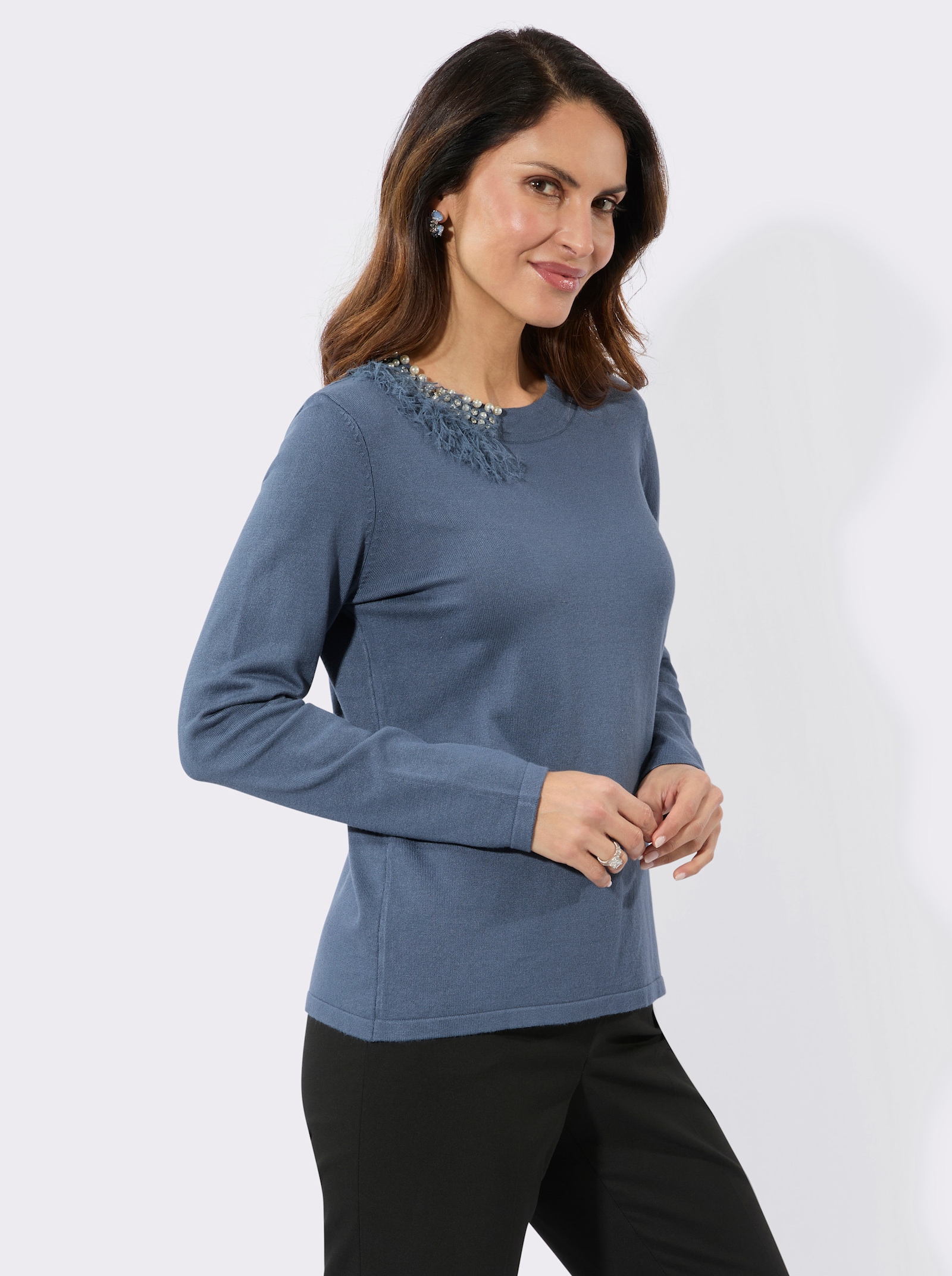 Feinstrickpullover mit Zierperlen - rauchblau