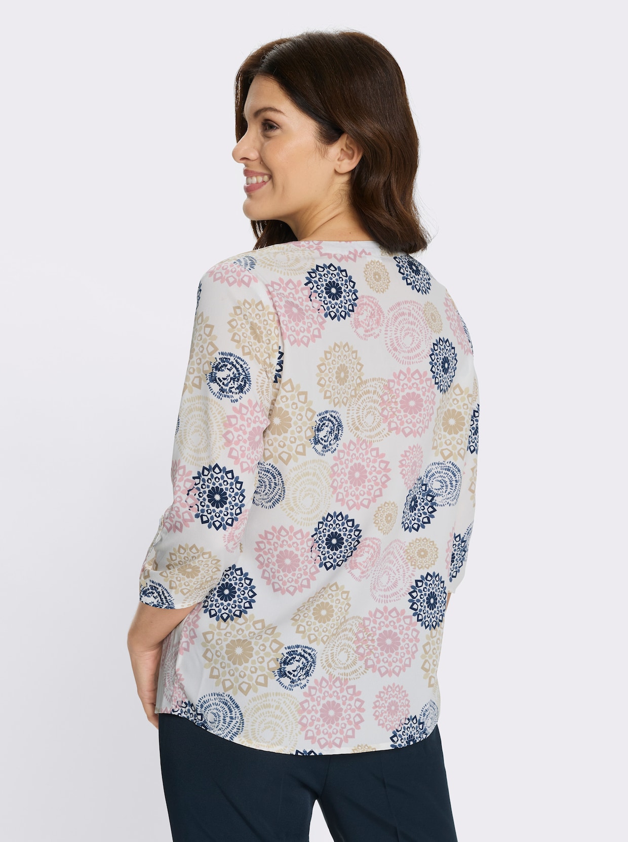 Schlupfbluse mit leicht abgerundetem Saum - ecru-mauve-bedruckt