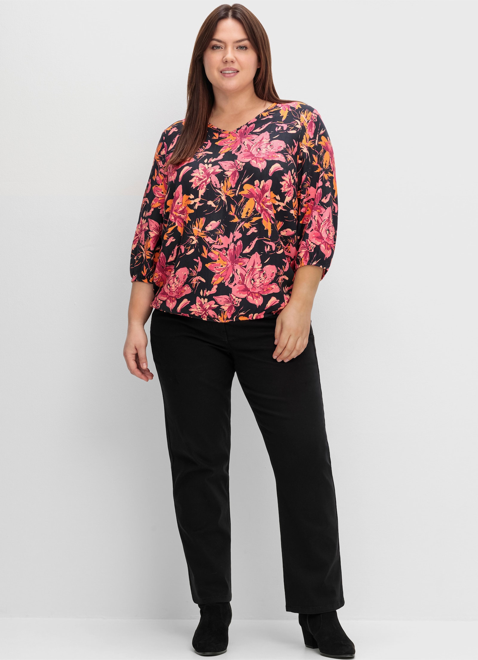 sheego Tunika mit Blumendruck - schwarz-gemustert