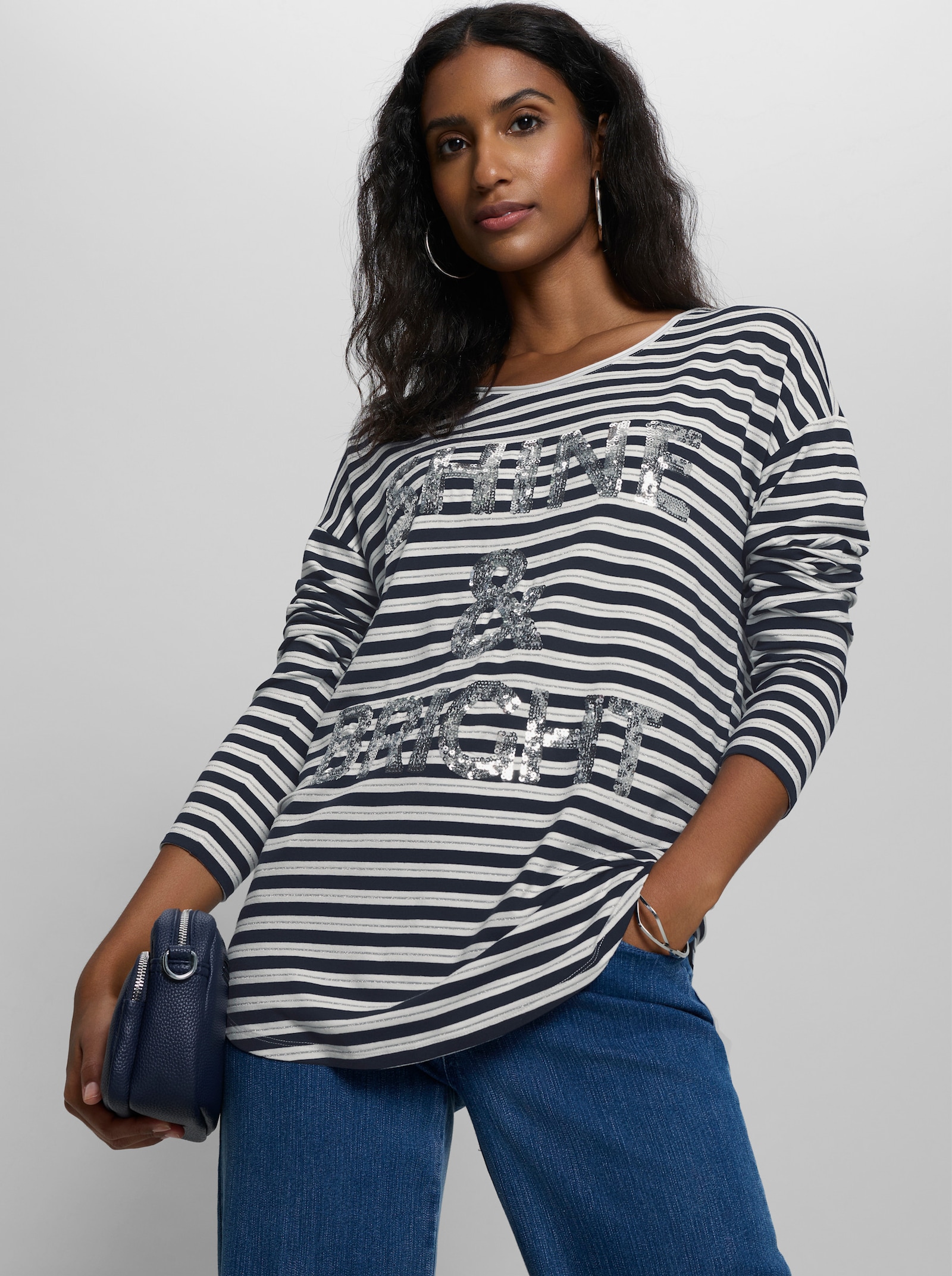 heine Ringelshirt mit Pailletten-Schriftzug - ecru-marine-geringelt