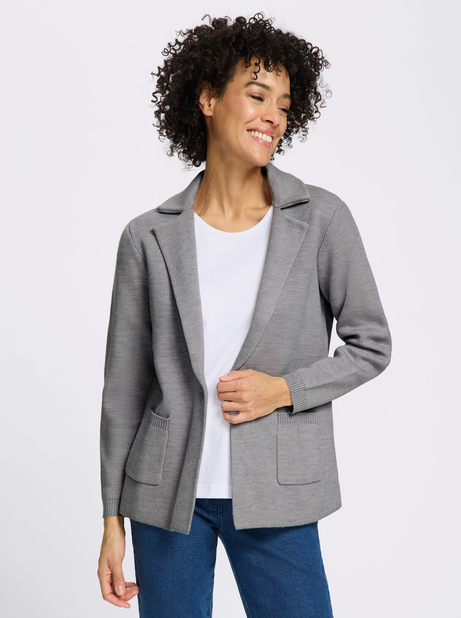 Jacquardstrickjacke im Blazer-Stil - steingrau-meliert