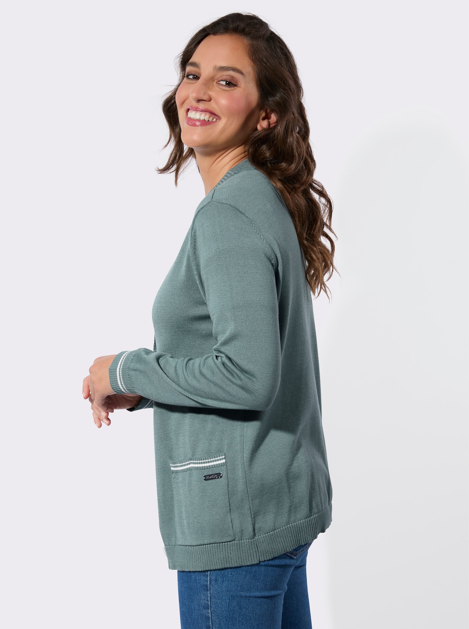 Twin-Set mit Schmuckknöpfen - jade-ecru-geringelt