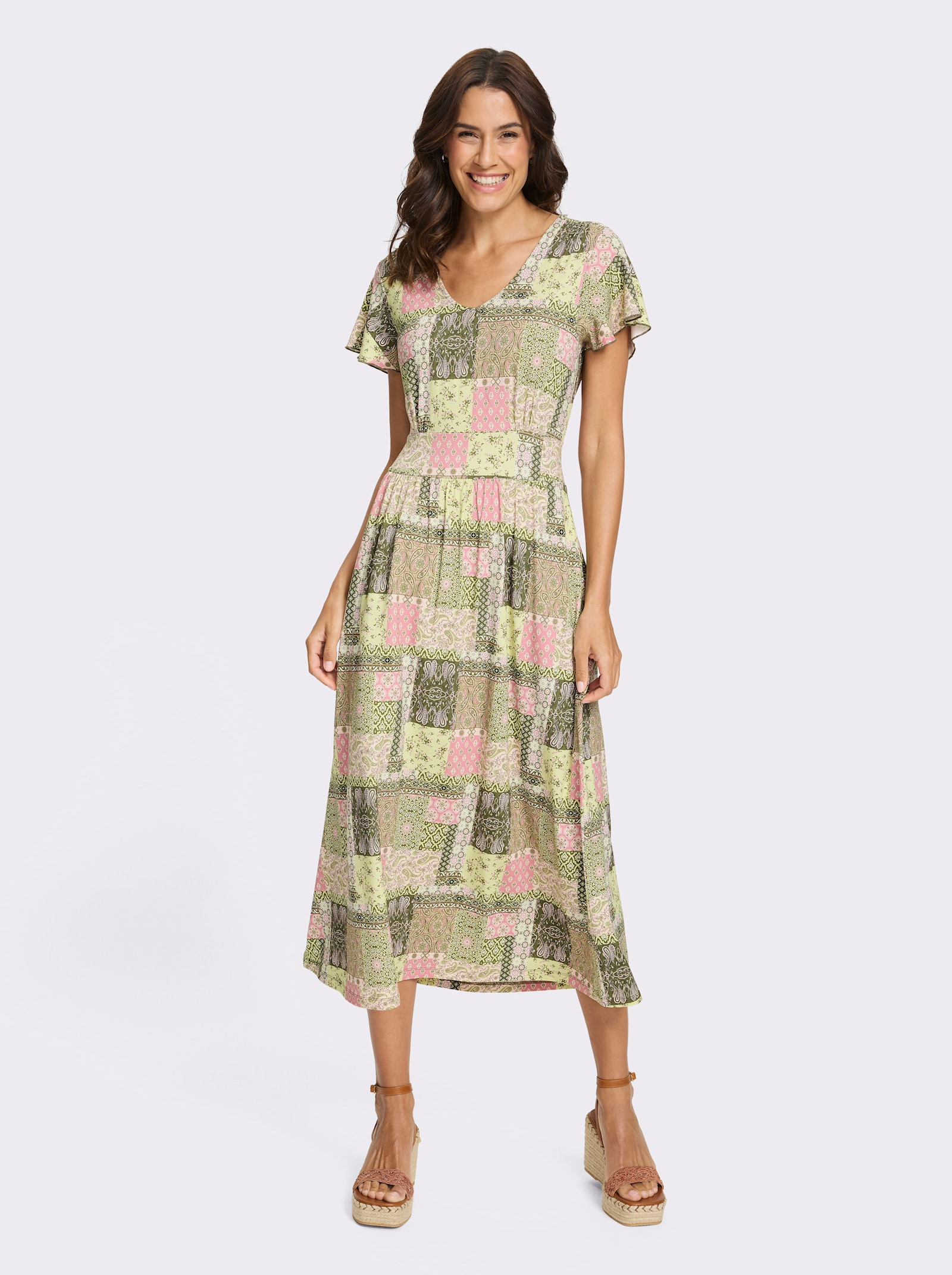 Jerseykleid mit gesmoktem Taillenband hinten - altrosa-oliv-bedruckt