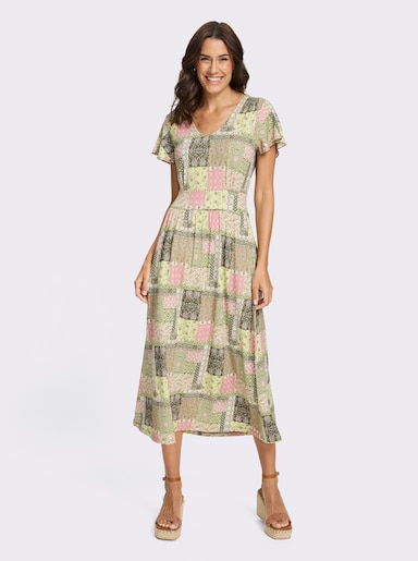 Jerseykleid mit gesmoktem Taillenband hinten - altrosa-oliv-bedruckt