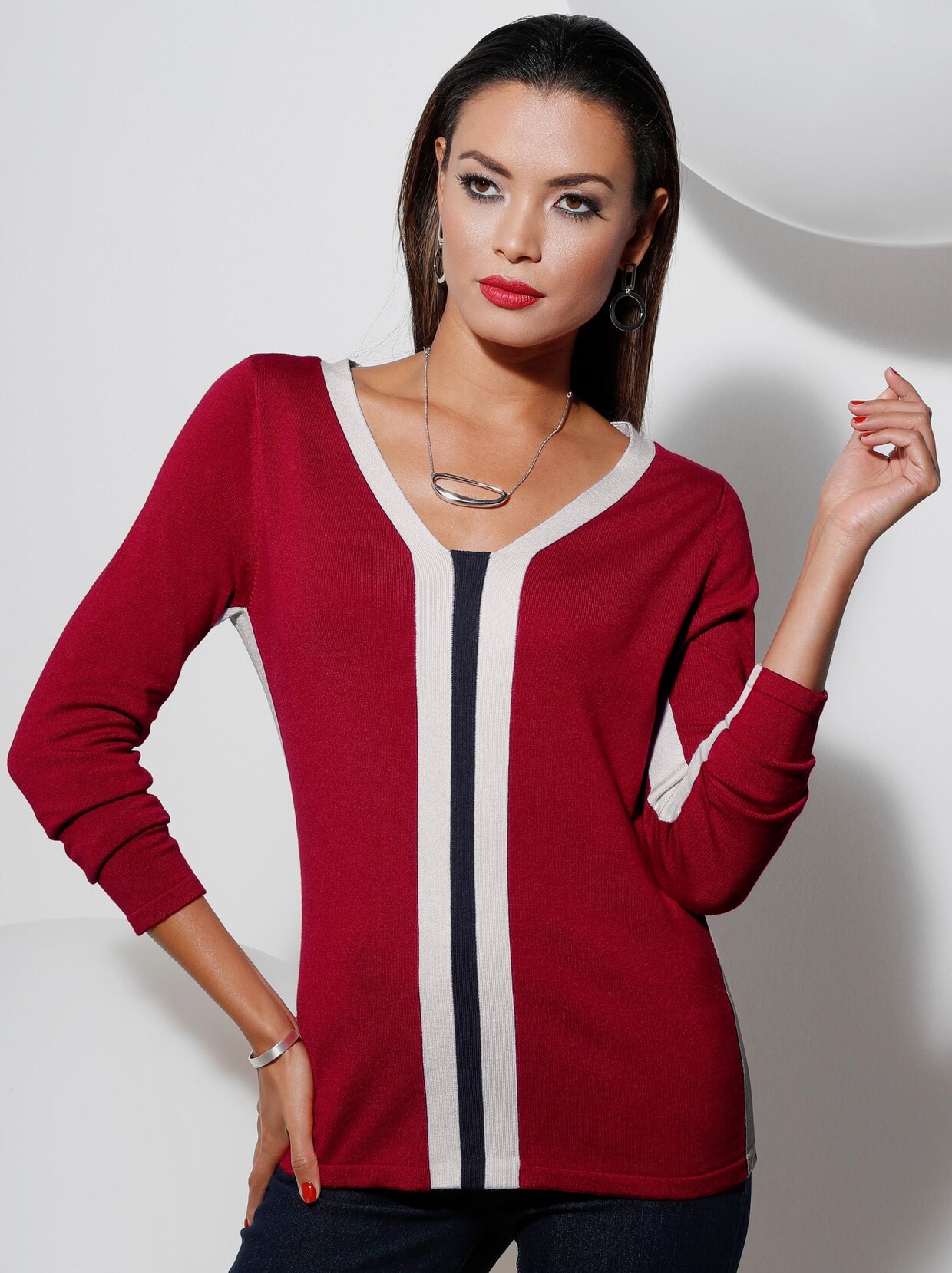 Langarm-Pullover - rot-weiß