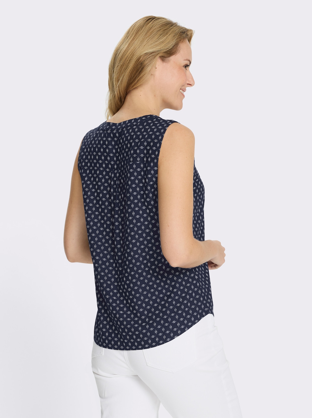 Blusentop aus weich fließender Viskose - marine-weiß-bedruckt