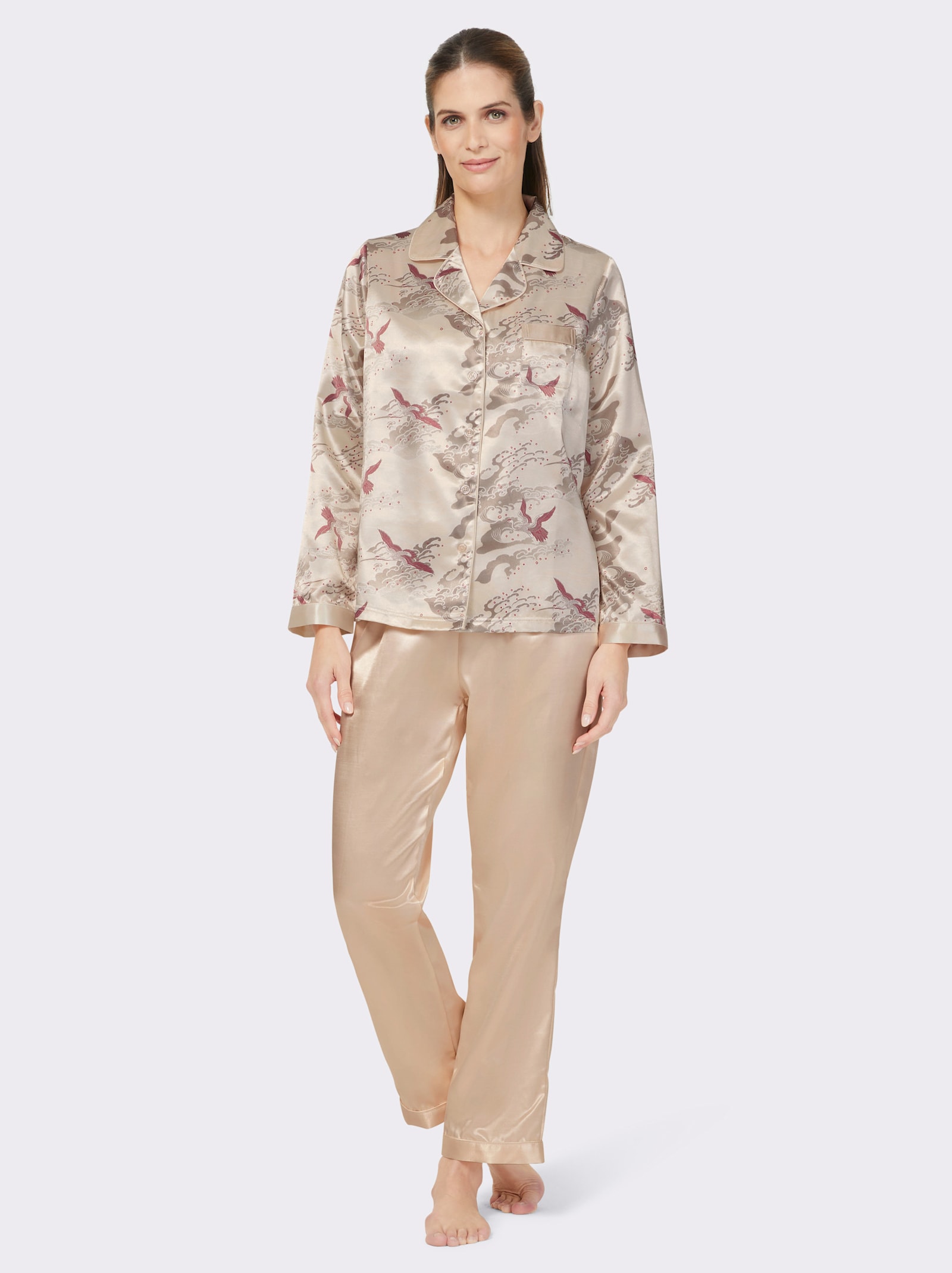 wäschepur Pyjama in Satin-Qualität - elfenbein-dunkelrot