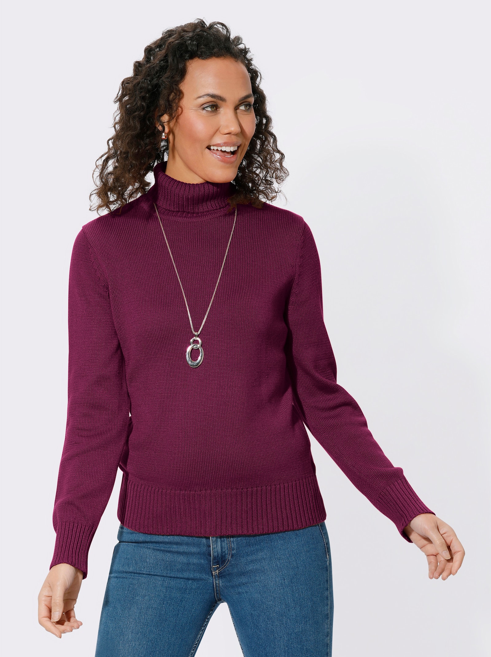 Rollkragenpullover im Baumwoll-Mix - fuchsia