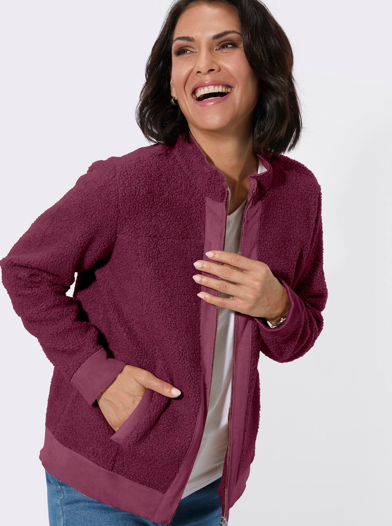 Boucléjacke mit Veloursleder-Opik - bordeaux