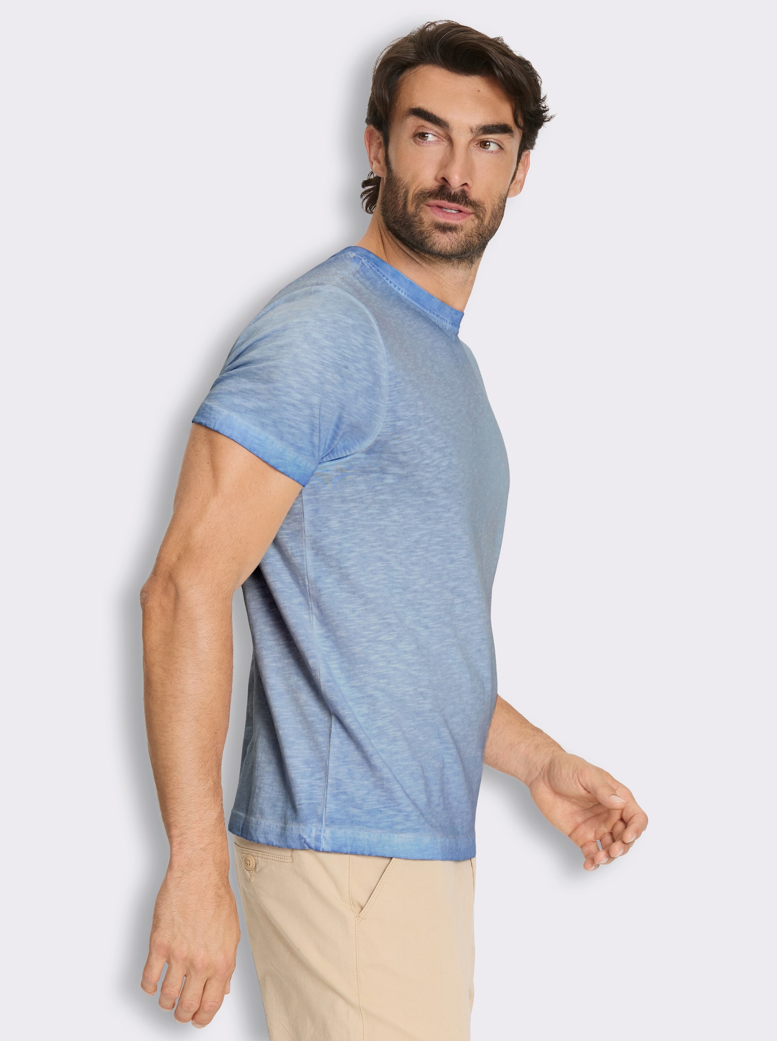Kurzarmshirt mit Rundhals-Ausschnitt, Baumwolle - himmelblau