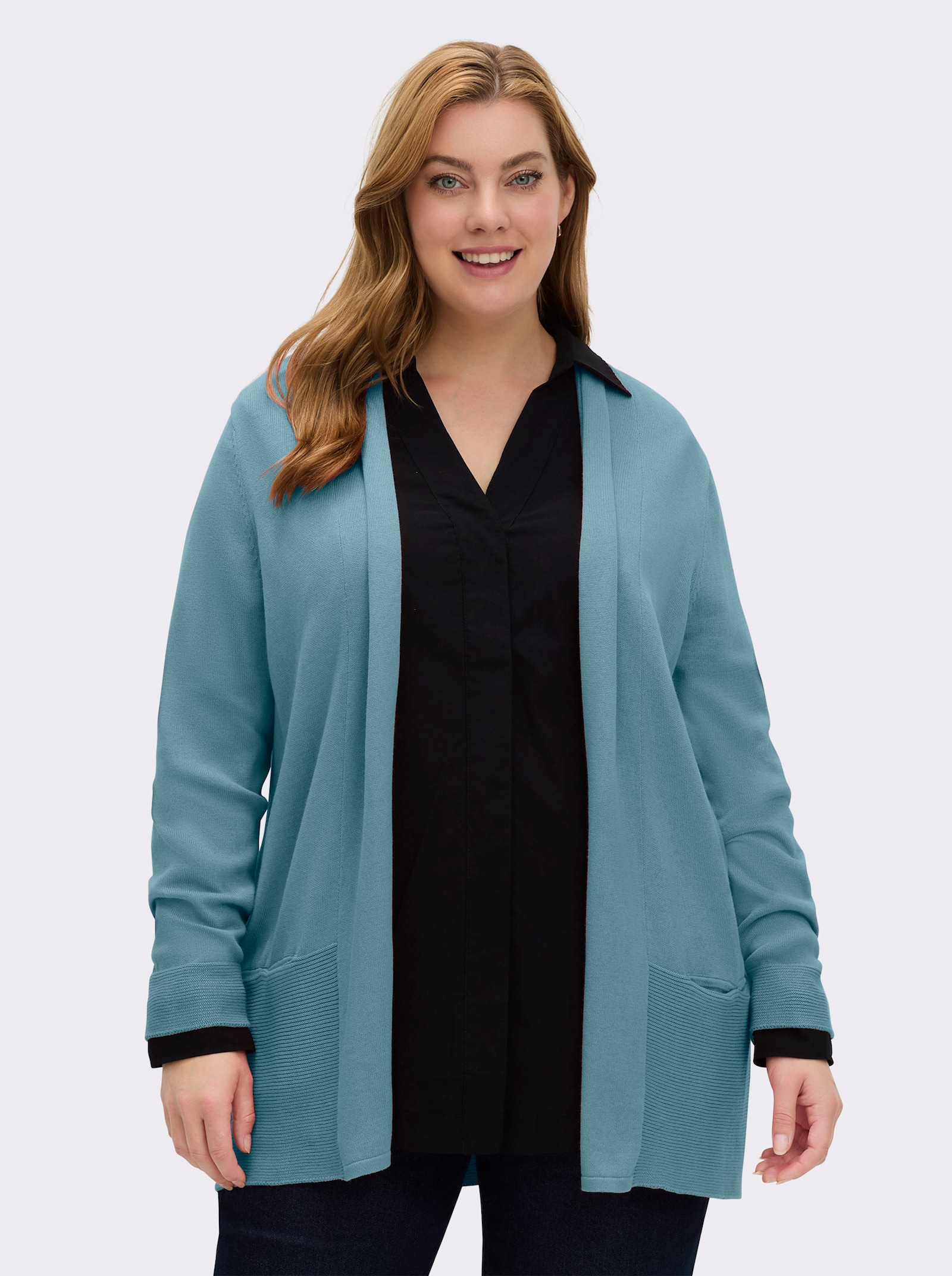 Longstrickjacke mit Schalkragen - wintertürkis