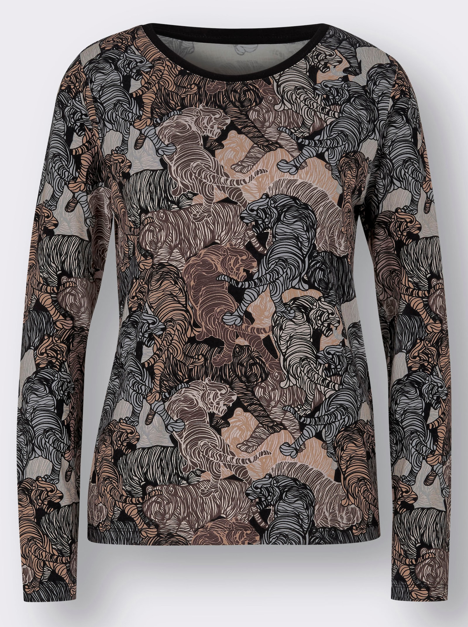 Shirt met lange mouwen en contrastkleurige paspel - zwart/zand geprint