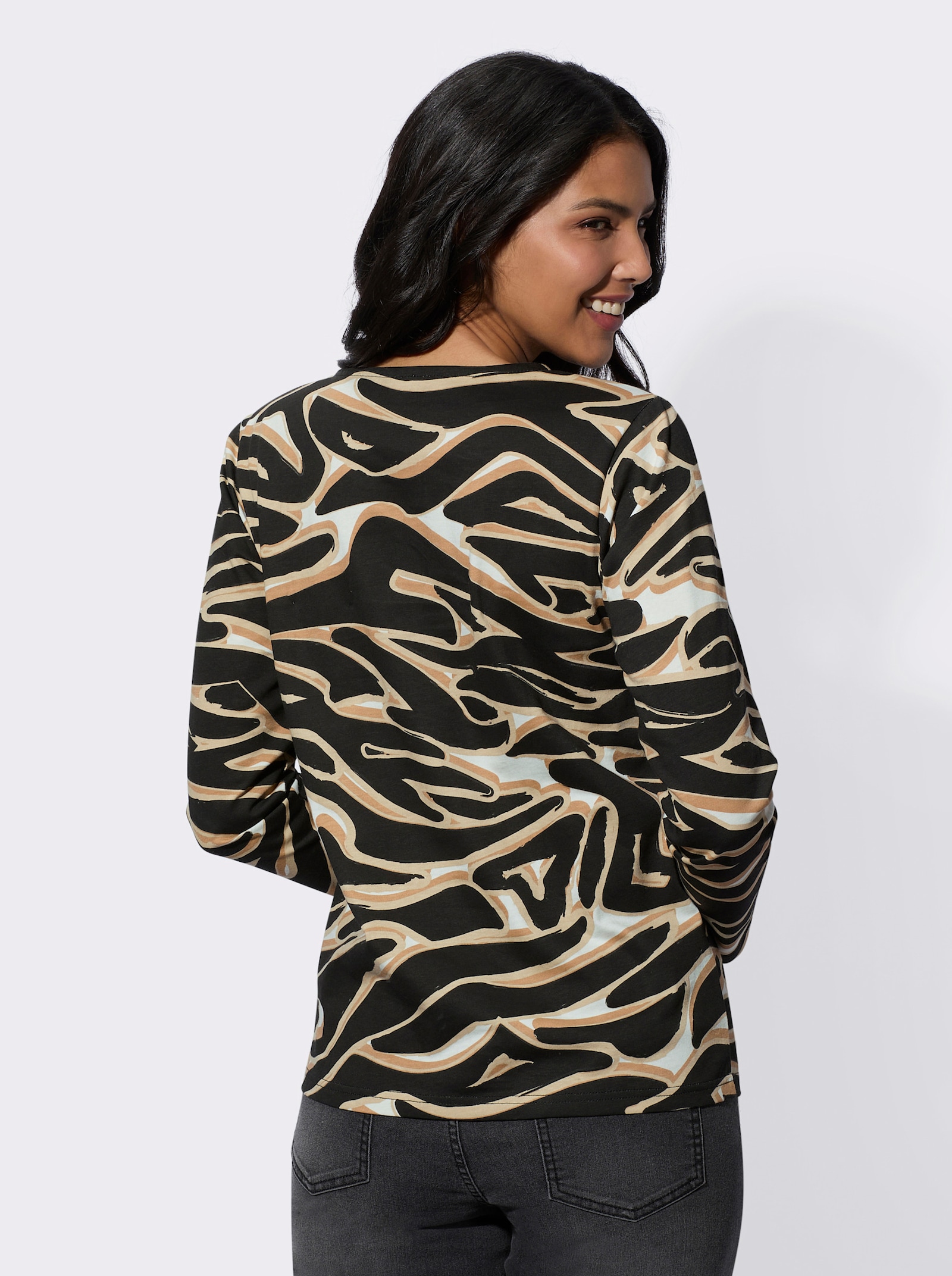 Tričko s dlhými rukávmi a zvieracím vzorom - svetlobéžovo-čierna potlač