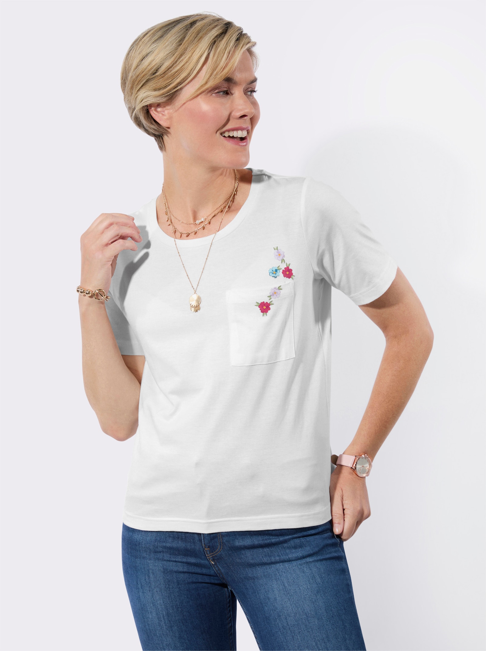 Shirt met ronde hals en bloemenprint - ecru