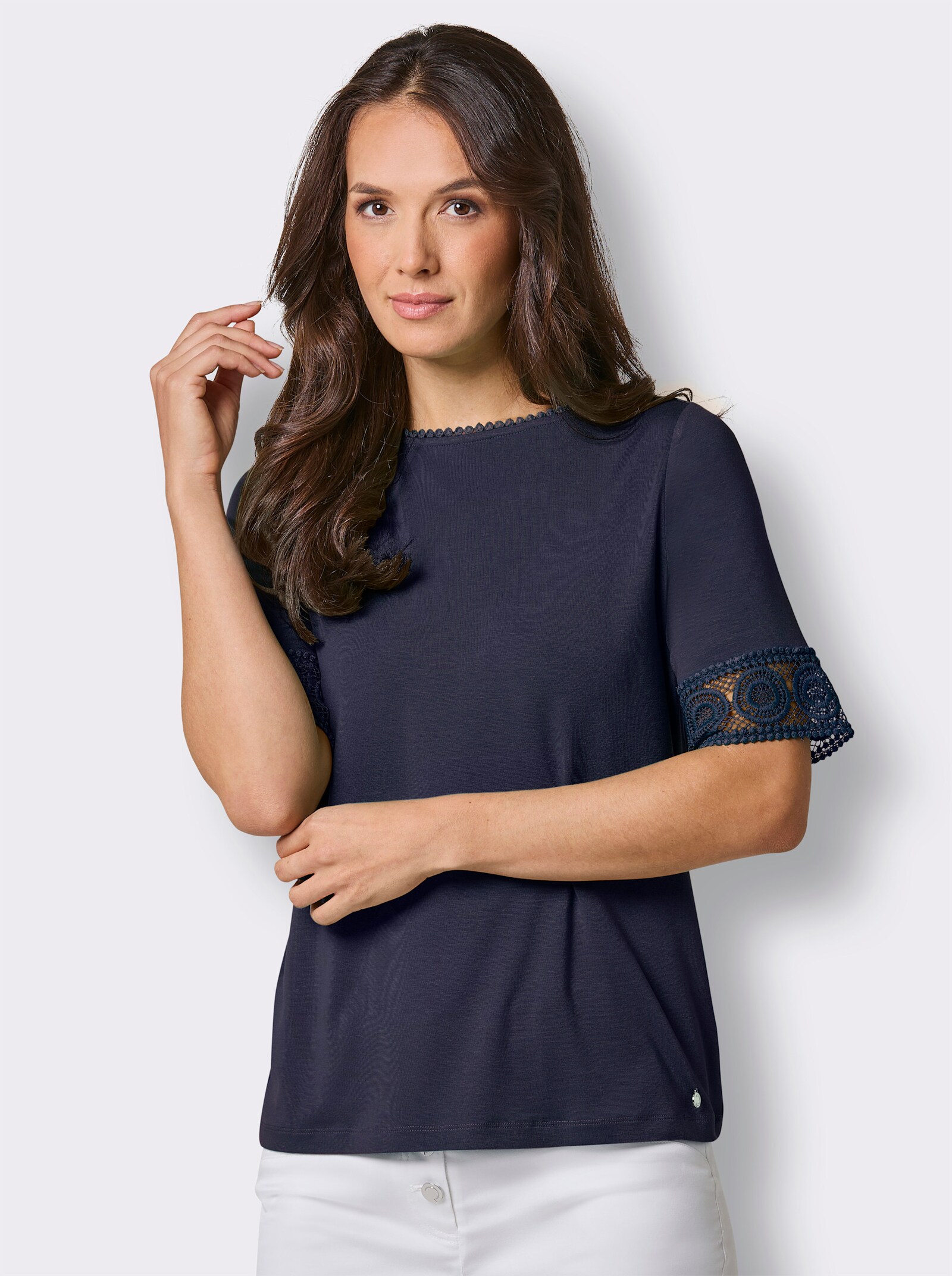 CREATION L PREMIUM Kurzarmshirt mit Spitze - marine