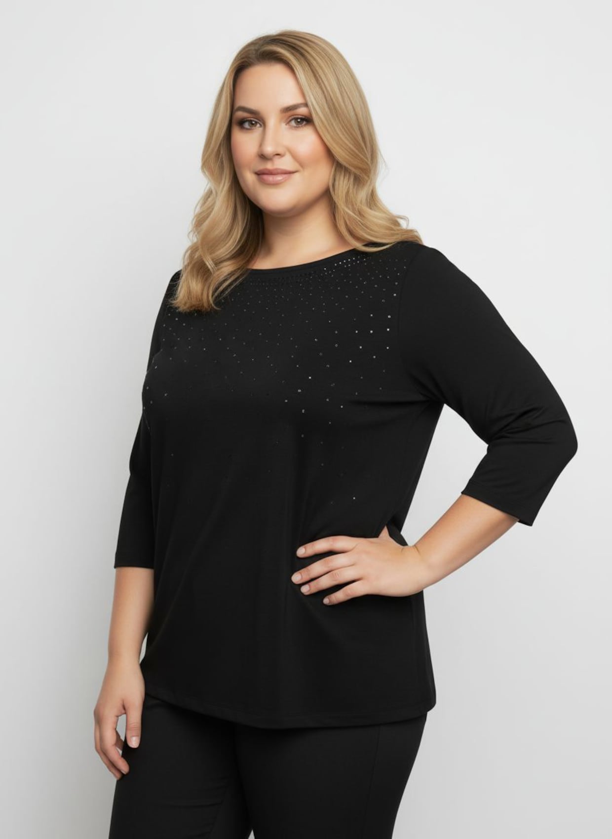 3/4-Arm-Shirt mit Glitzersteinchen - schwarz