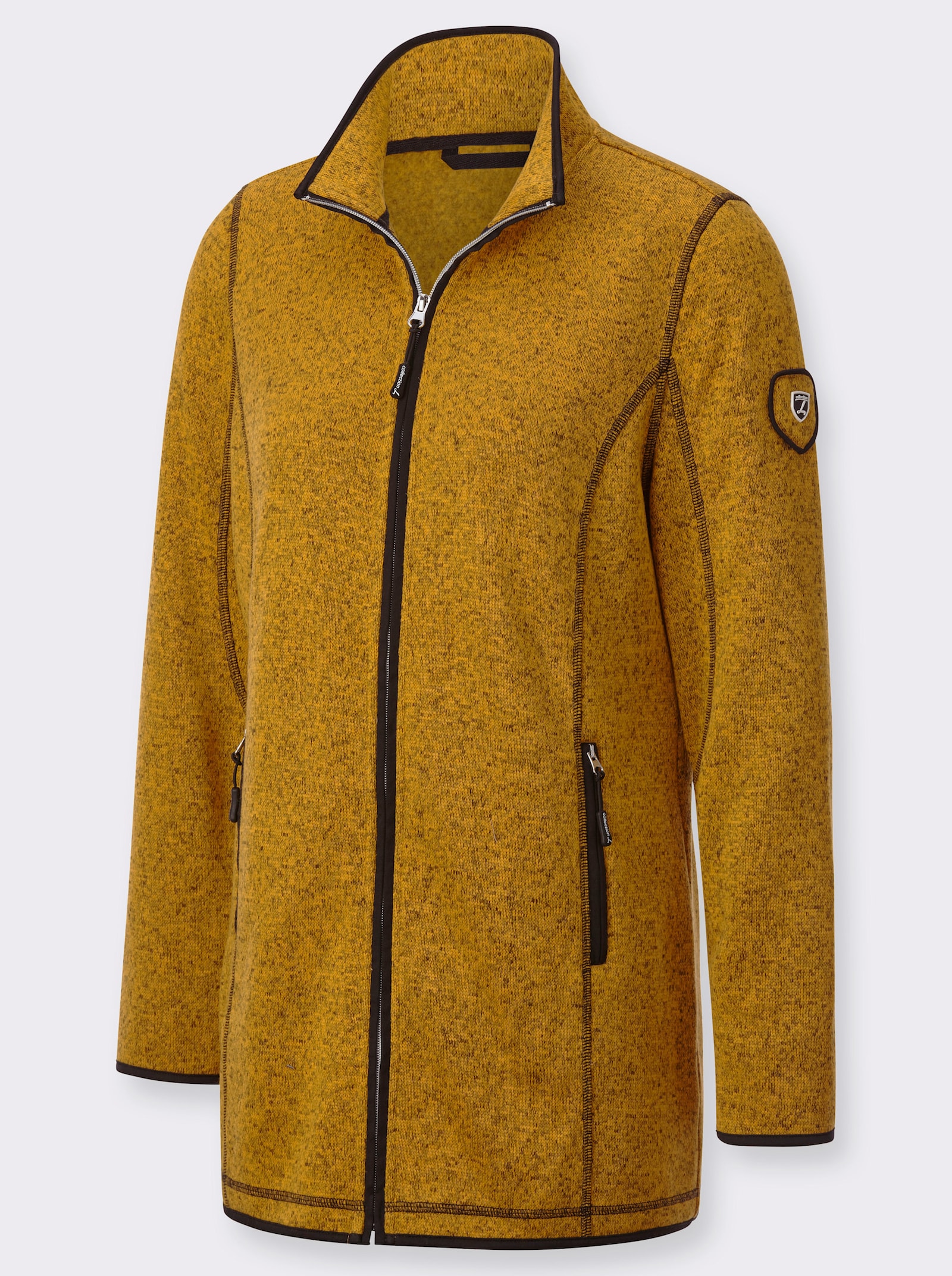 Strickfleecejacke in Longform - ocker-schwarz-gemustert