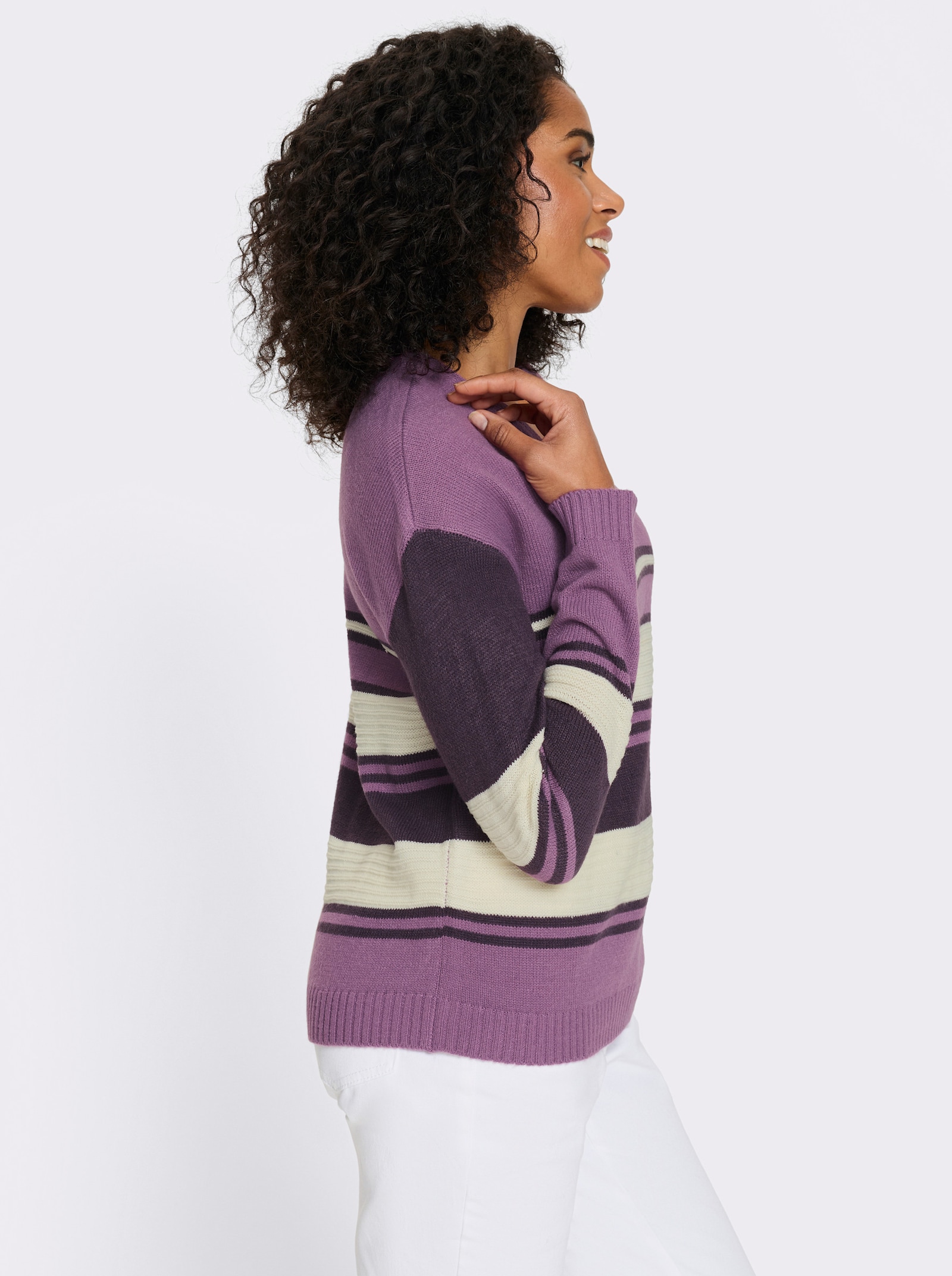 Langarm-Pullover mit platziertem Streifen-Muster - violett-aubergine-gemustert