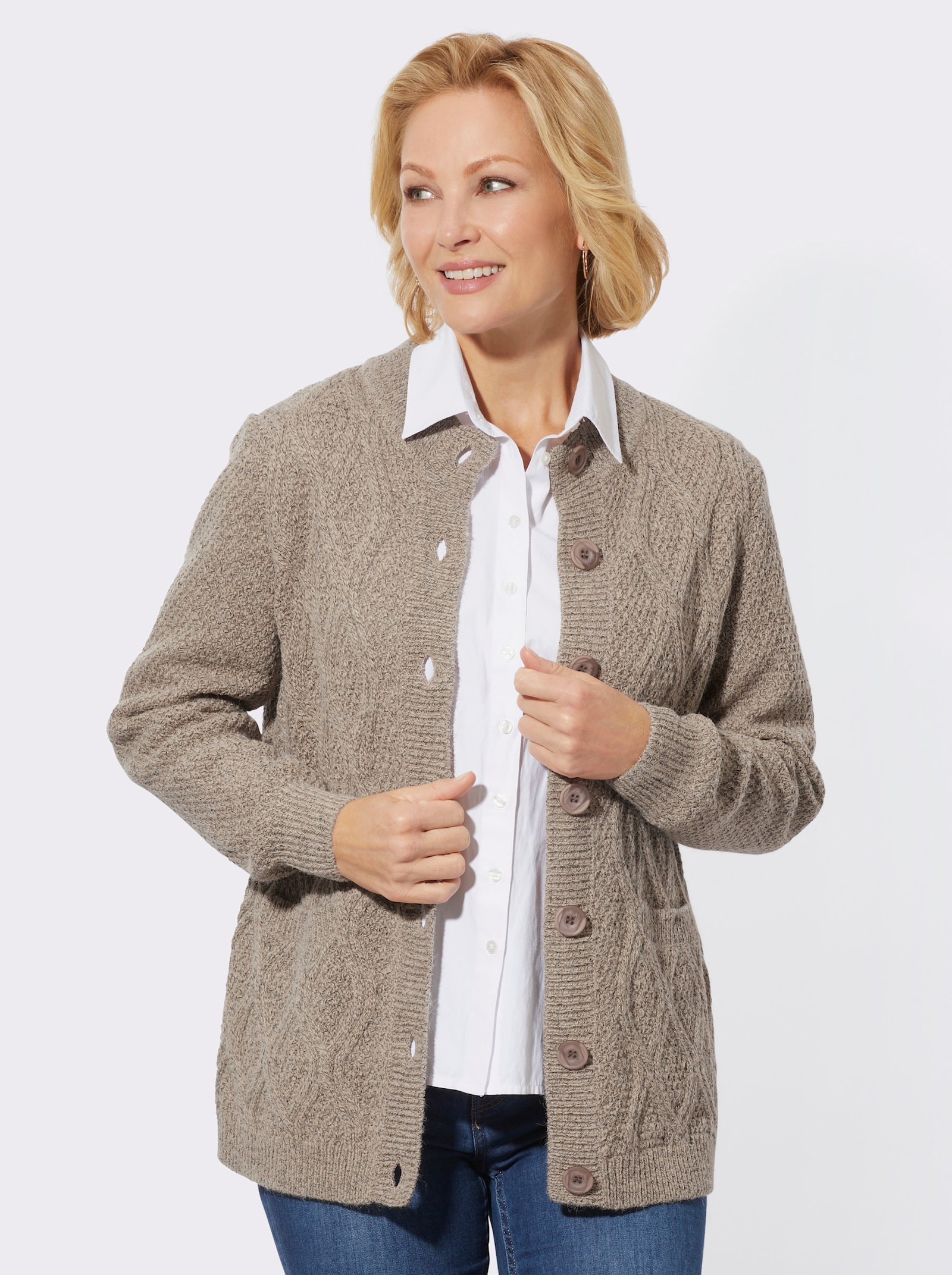 Strickjacke mit Rautenmuster - beige-meliert