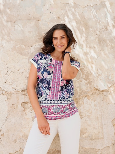 Print-Shirt mit einfarbigem Rückenteil - marine-ecru-bedruckt