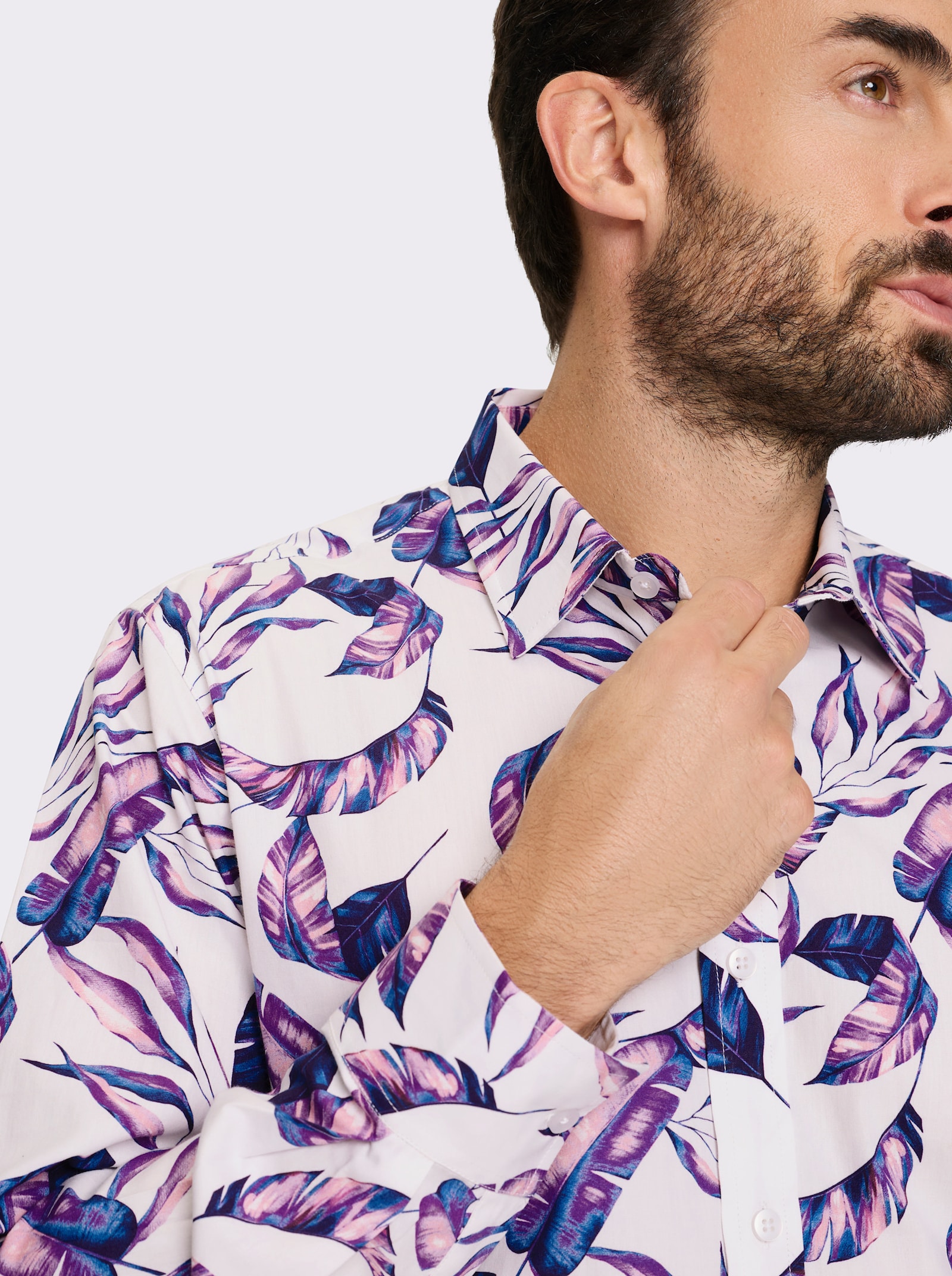 Marco Donati Langarmhemd mit Blätter-Print - weiß-lila-bedruckt