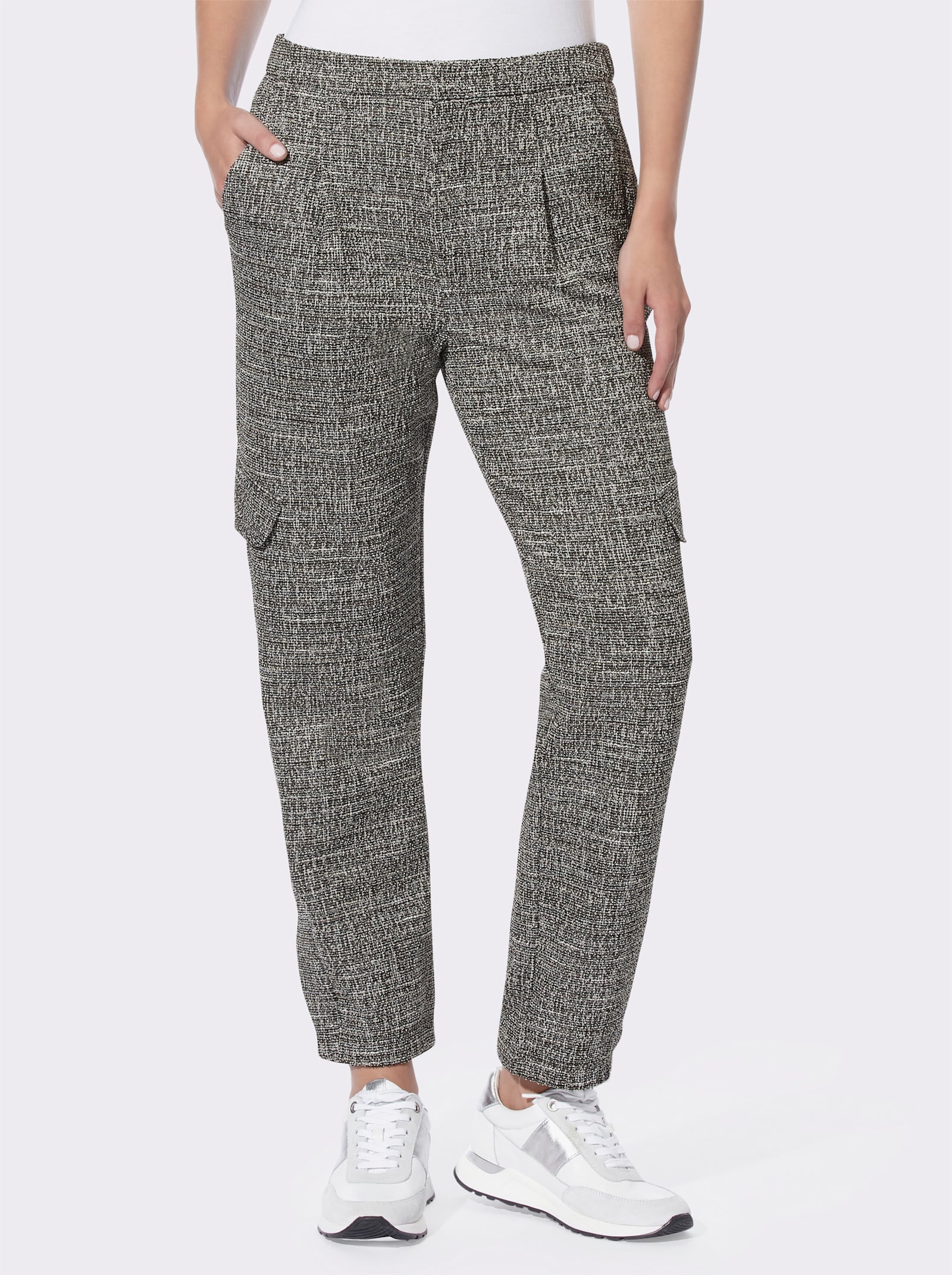 heine Bandplooibroek in cargomodel, bouclé - zwart/ecru gedessineerd