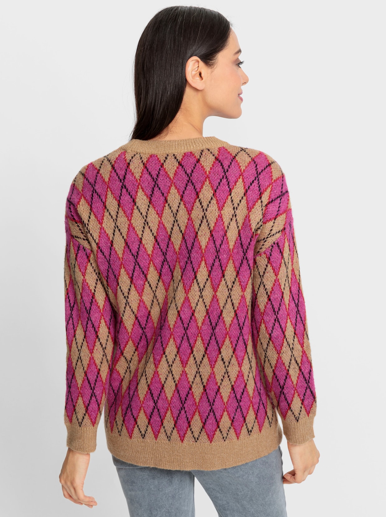 heine Rautenstrickjacke - camel-fuchsia-gemustert